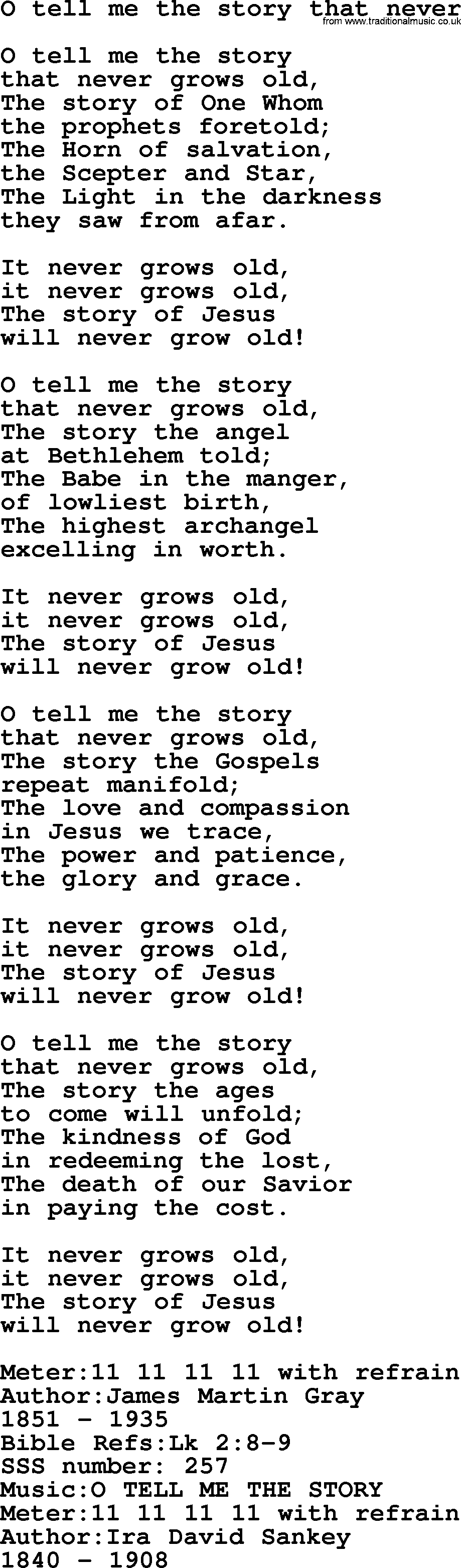 Sacred Songs and Solos complete, 1200 Hymns, title: O Tell Me The Story That Never, lyrics and PDF