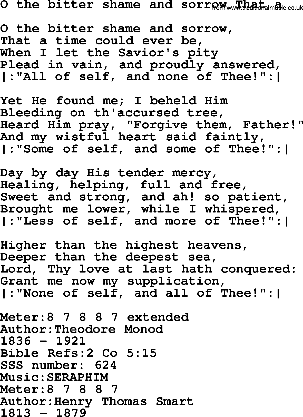 Sacred Songs and Solos complete, 1200 Hymns, title: O The Bitter Shame And Sorrow That A, lyrics and PDF