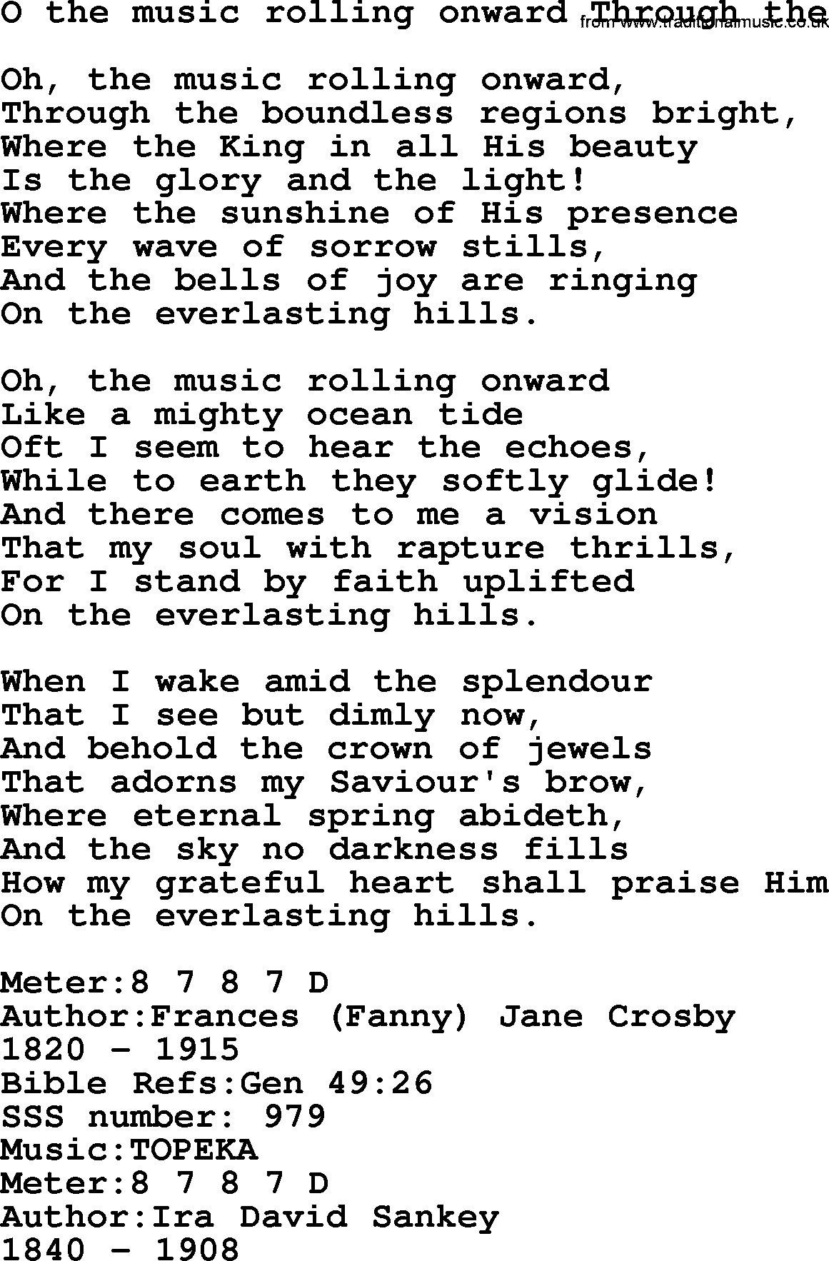 Sacred Songs and Solos complete, 1200 Hymns, title: O The Music Rolling Onward Through The, lyrics and PDF