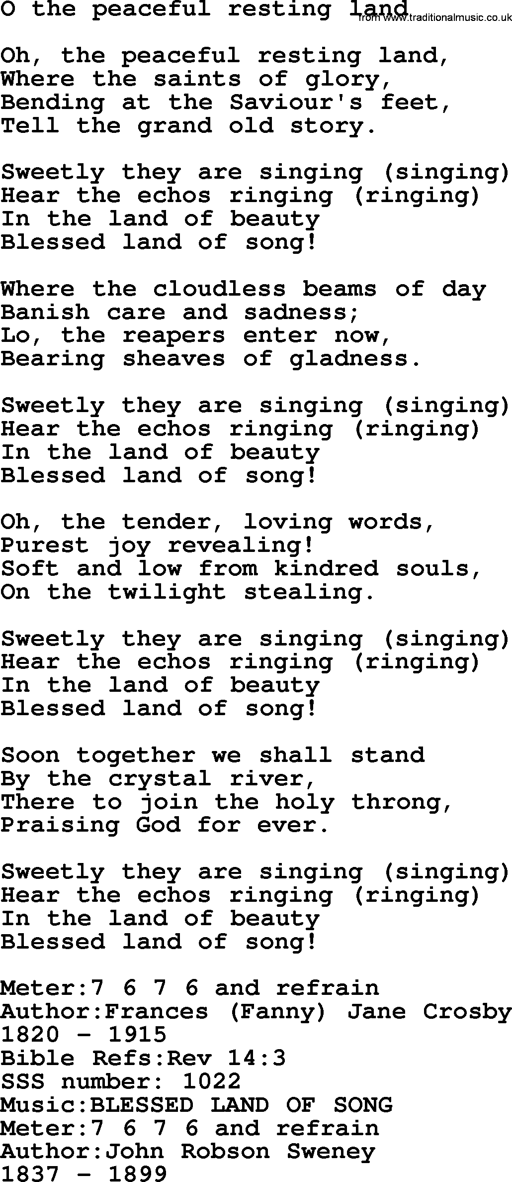 Sacred Songs and Solos complete, 1200 Hymns, title: O The Peaceful Resting Land, lyrics and PDF