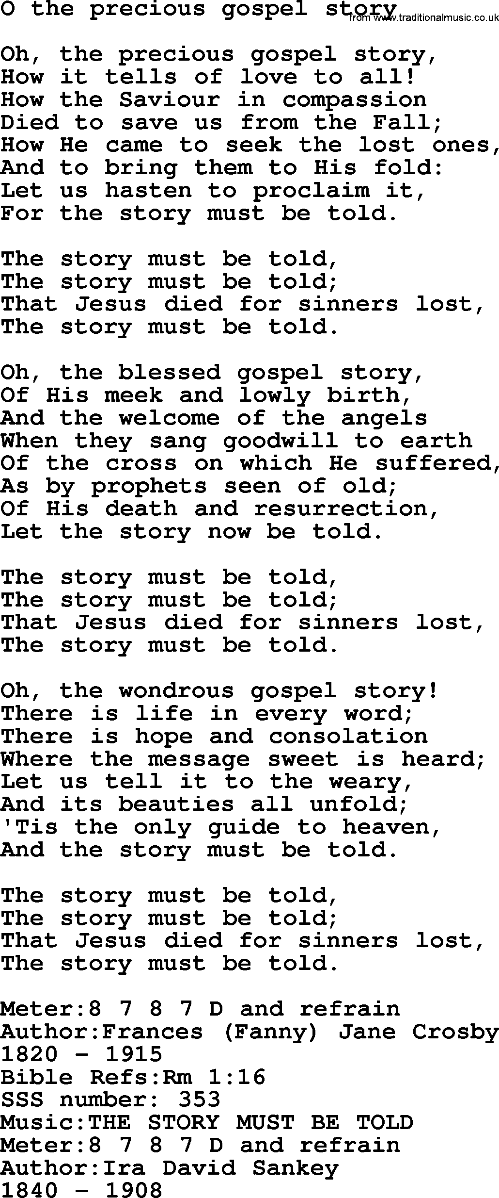Sacred Songs and Solos complete, 1200 Hymns, title: O The Precious Gospel Story, lyrics and PDF