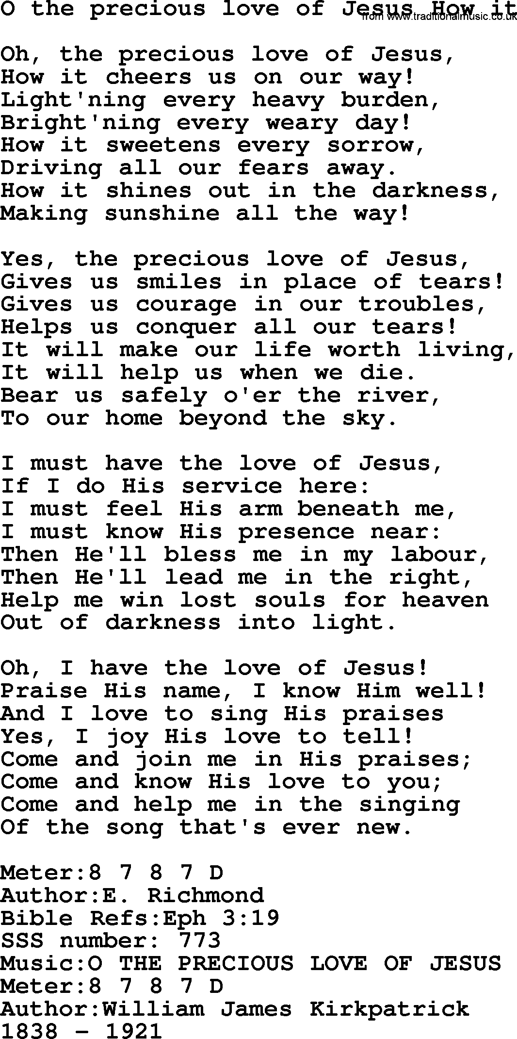 Sacred Songs and Solos complete, 1200 Hymns, title: O The Precious Love Of Jesus How It, lyrics and PDF