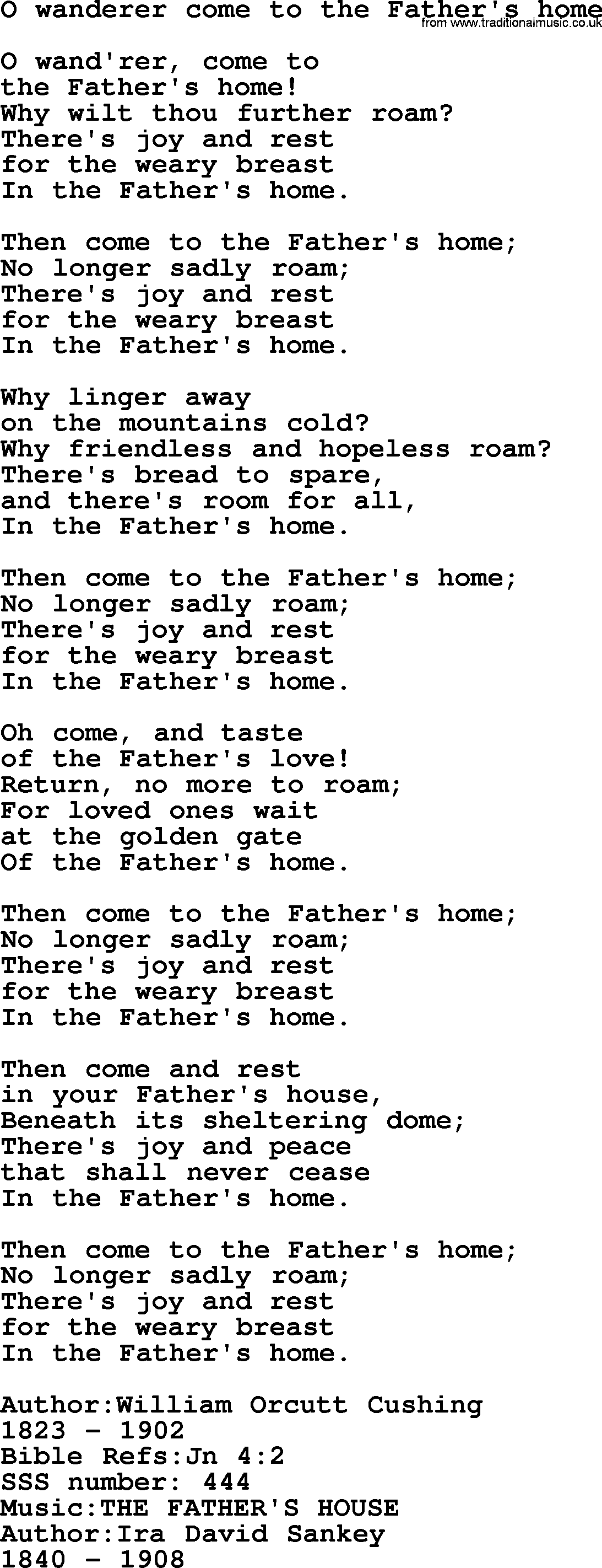 Sacred Songs and Solos complete, 1200 Hymns, title: O Wanderer Come To The Father's Home, lyrics and PDF