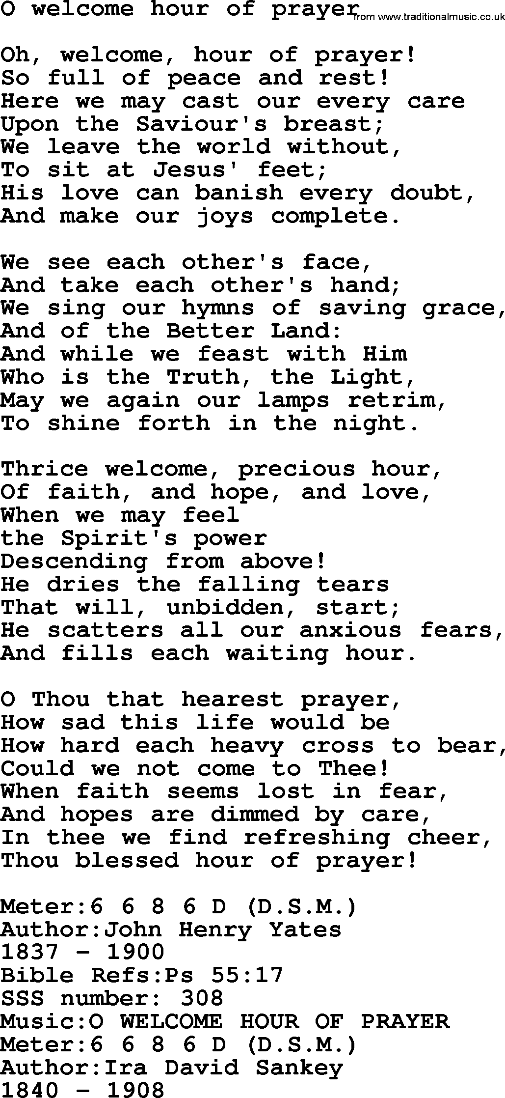 Sacred Songs and Solos complete, 1200 Hymns, title: O Welcome Hour Of Prayer, lyrics and PDF