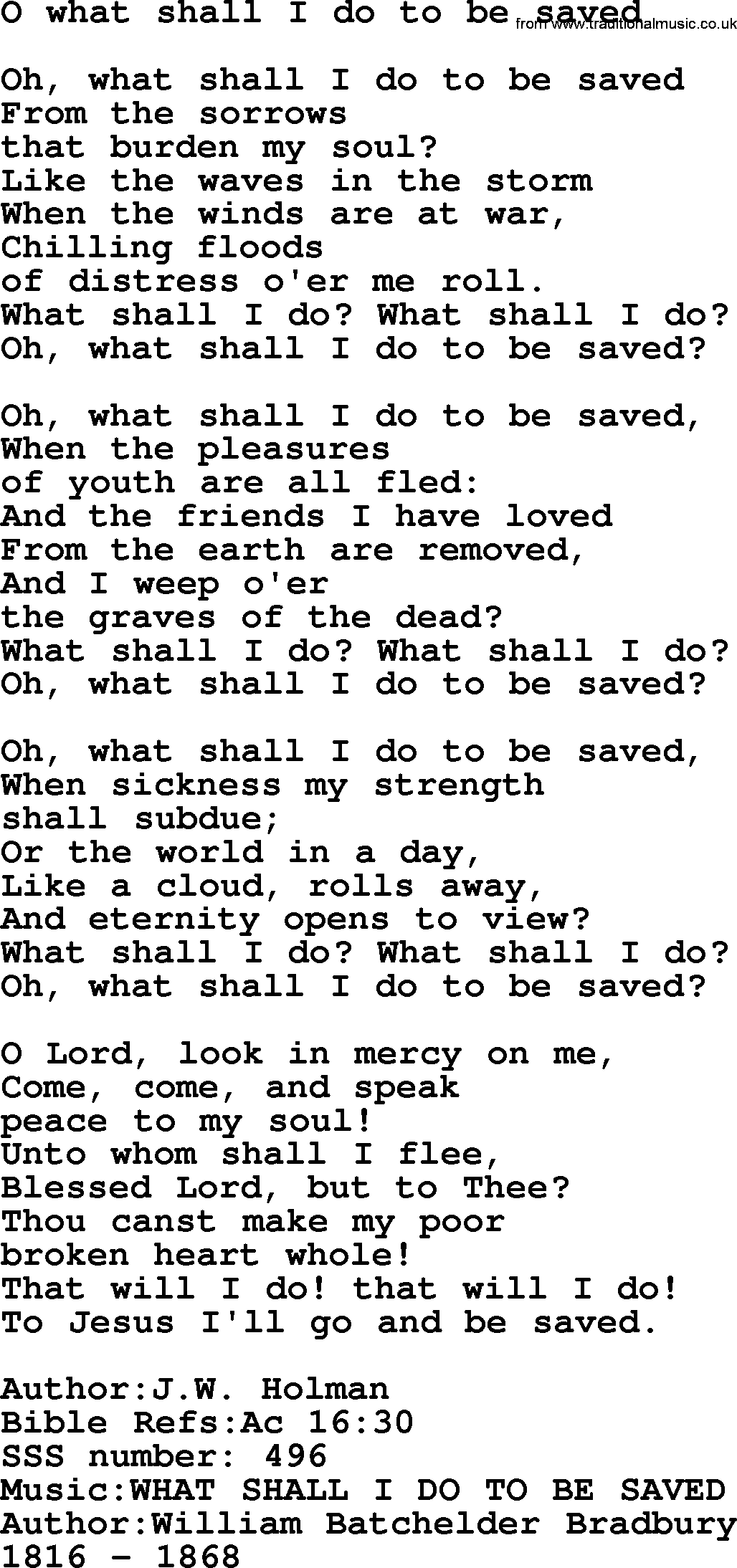 Sacred Songs and Solos complete, 1200 Hymns, title: O What Shall I Do To Be Saved, lyrics and PDF