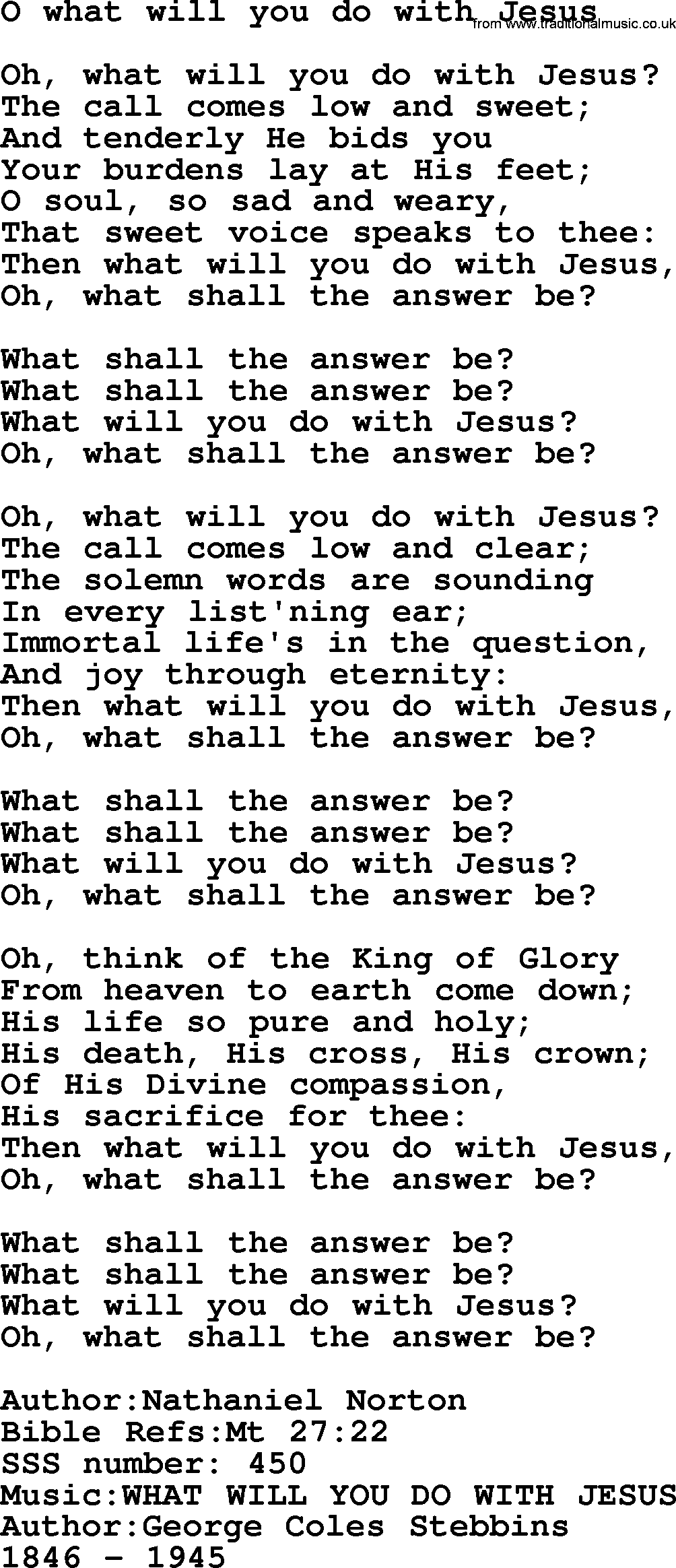 Sacred Songs and Solos complete, 1200 Hymns, title: O What Will You Do With Jesus, lyrics and PDF