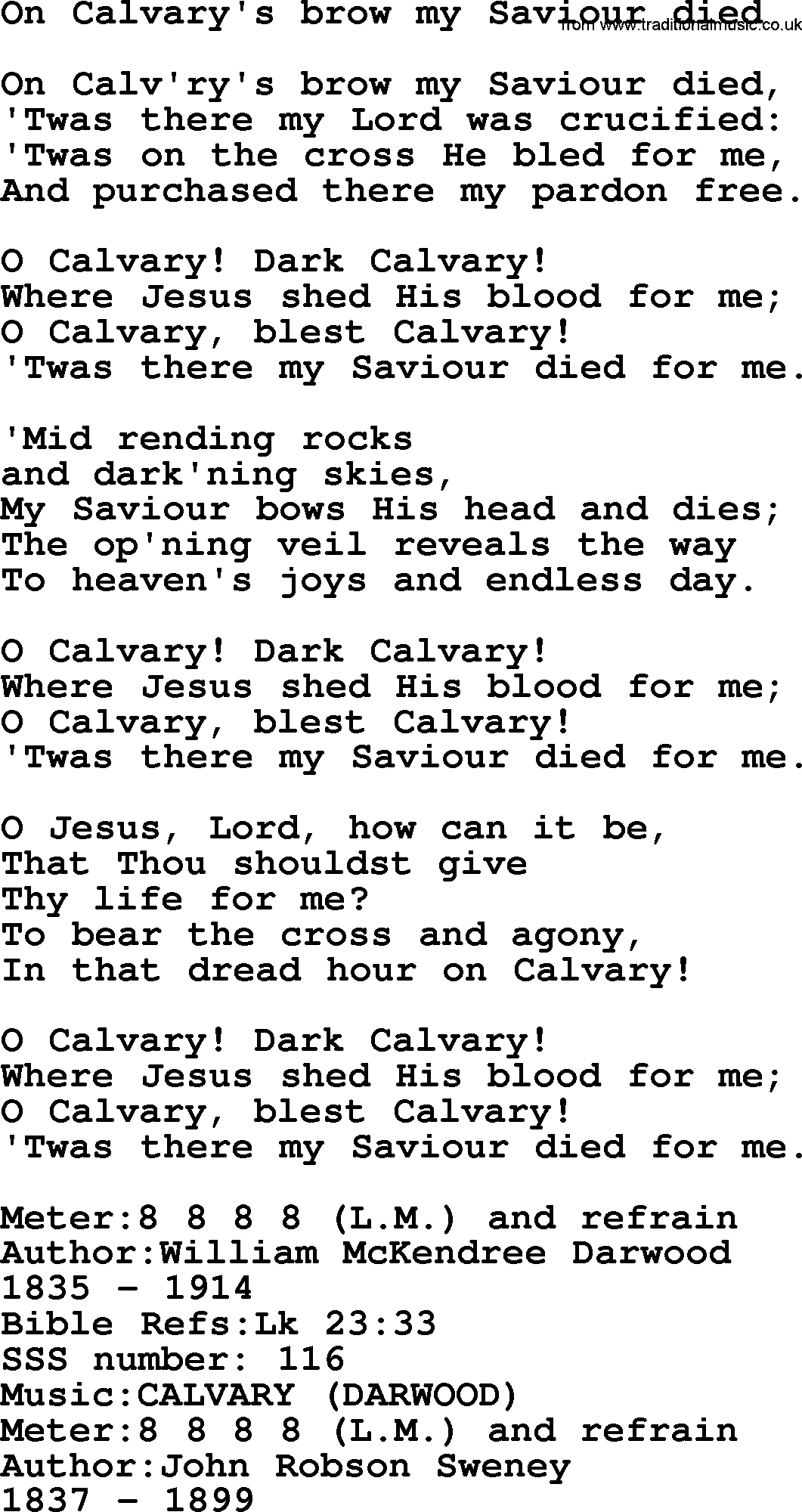 Sacred Songs and Solos complete, 1200 Hymns, title: On Calvary's Brow My Saviour Died, lyrics and PDF