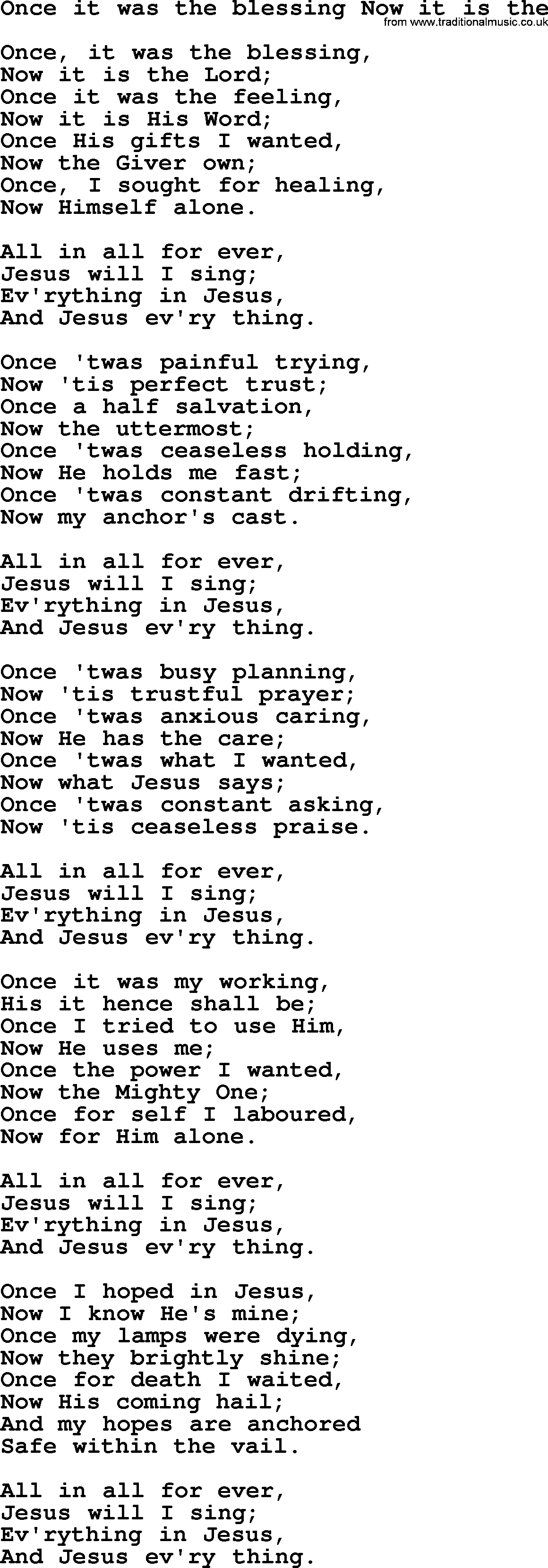 Sacred Songs and Solos complete, 1200 Hymns, title: Once It Was The Blessing Now It Is The, lyrics and PDF