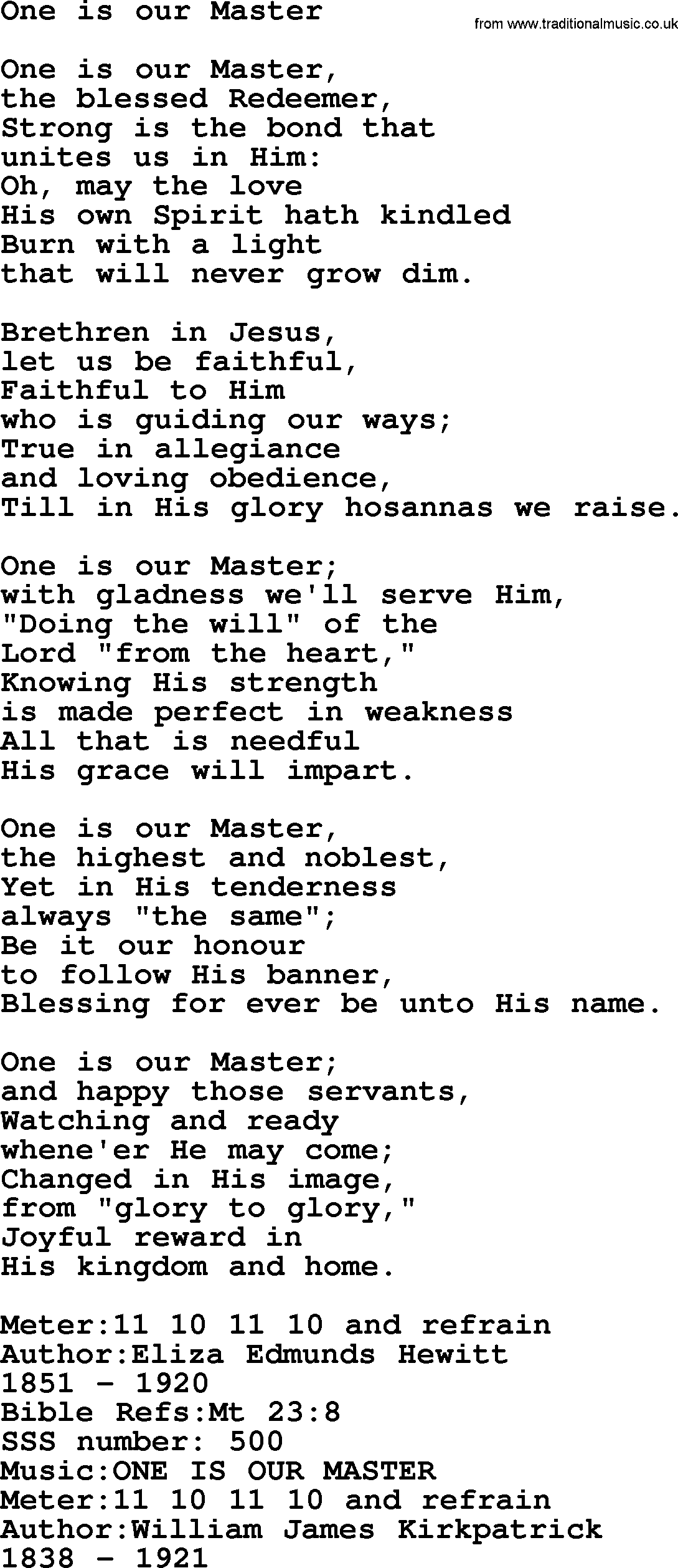 Sacred Songs and Solos complete, 1200 Hymns, title: One Is Our Master, lyrics and PDF