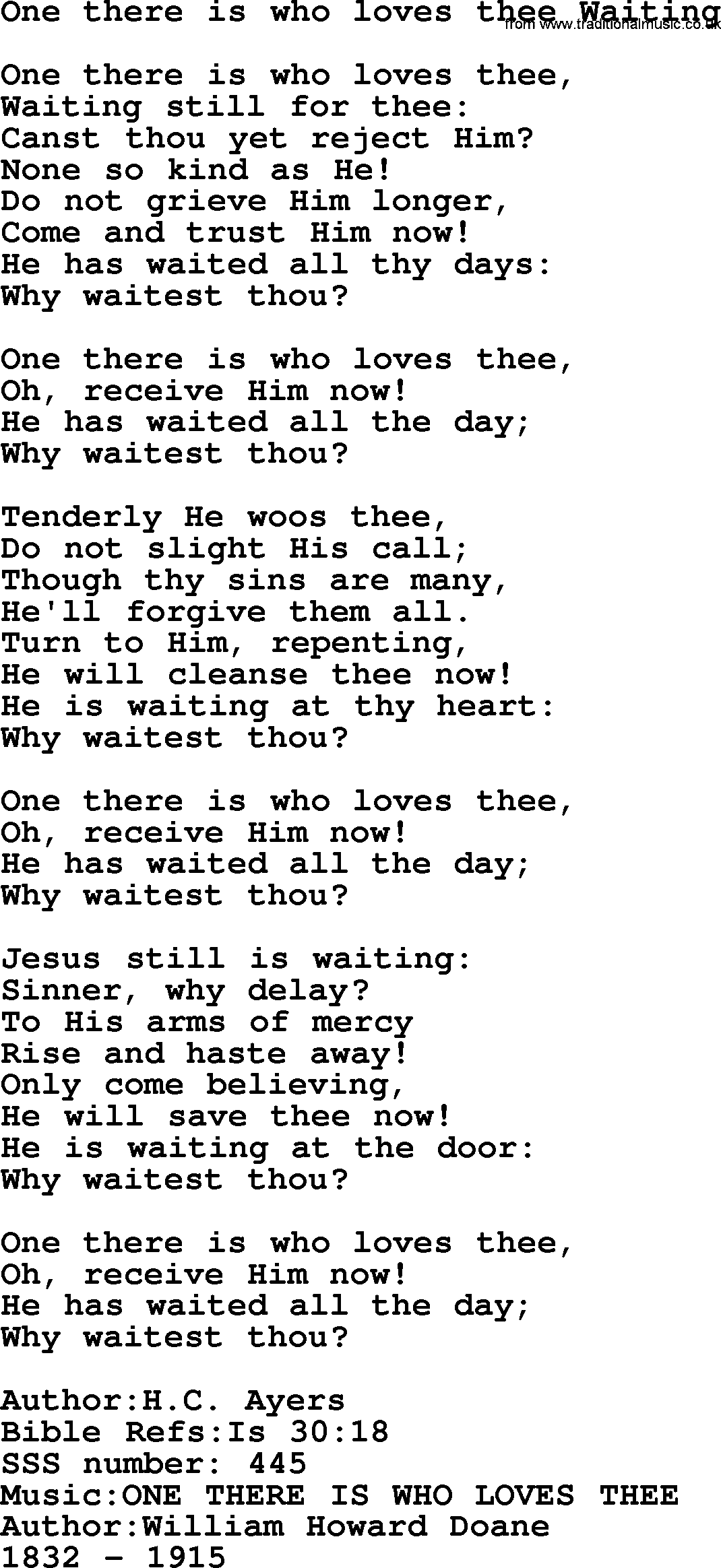 Sacred Songs and Solos complete, 1200 Hymns, title: One There Is Who Loves Thee Waiting, lyrics and PDF
