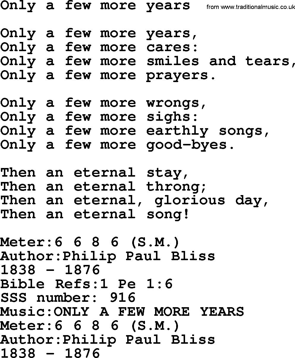 Sacred Songs and Solos complete, 1200 Hymns, title: Only A Few More Years, lyrics and PDF