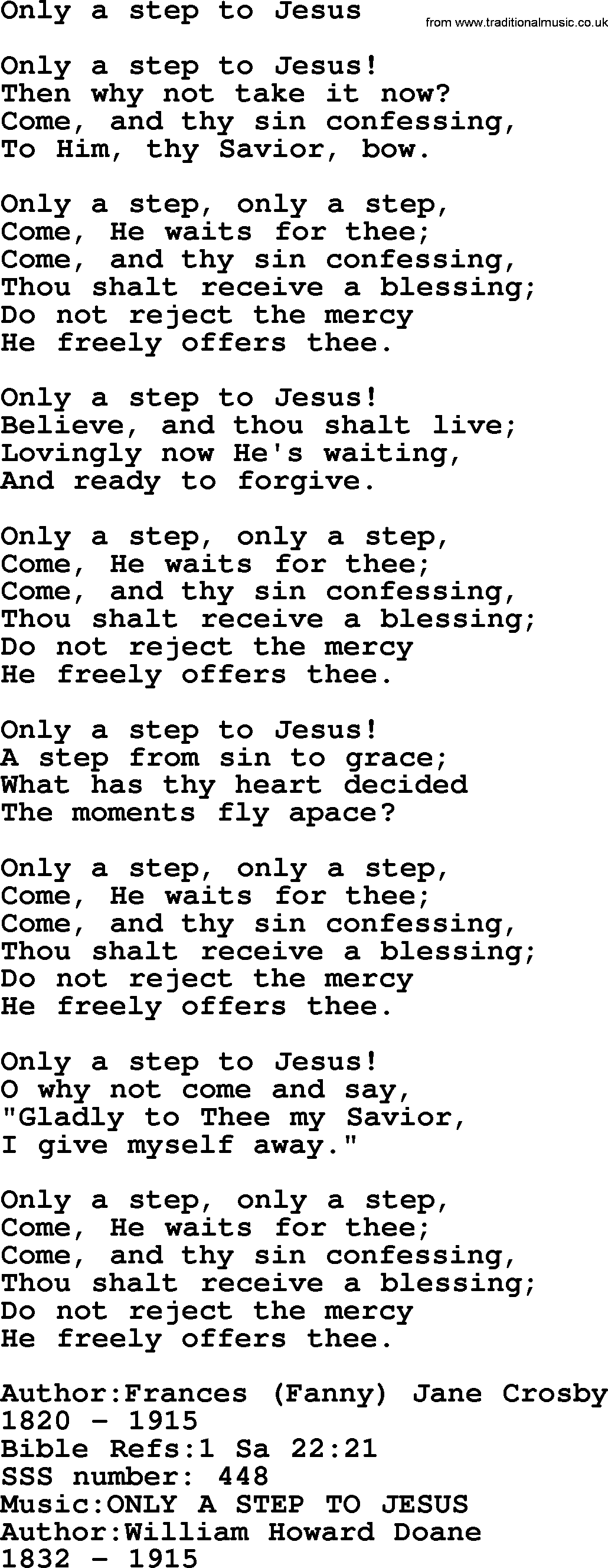 Sacred Songs and Solos complete, 1200 Hymns, title: Only A Step To Jesus, lyrics and PDF