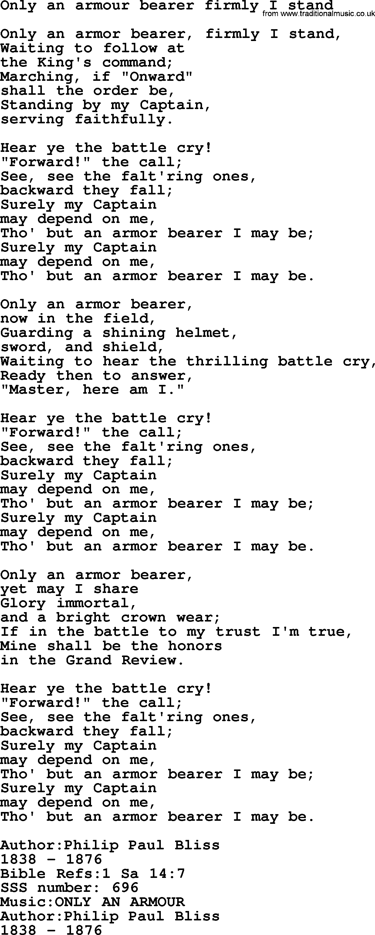 Sacred Songs and Solos complete, 1200 Hymns, title: Only An Armour Bearer Firmly I Stand, lyrics and PDF