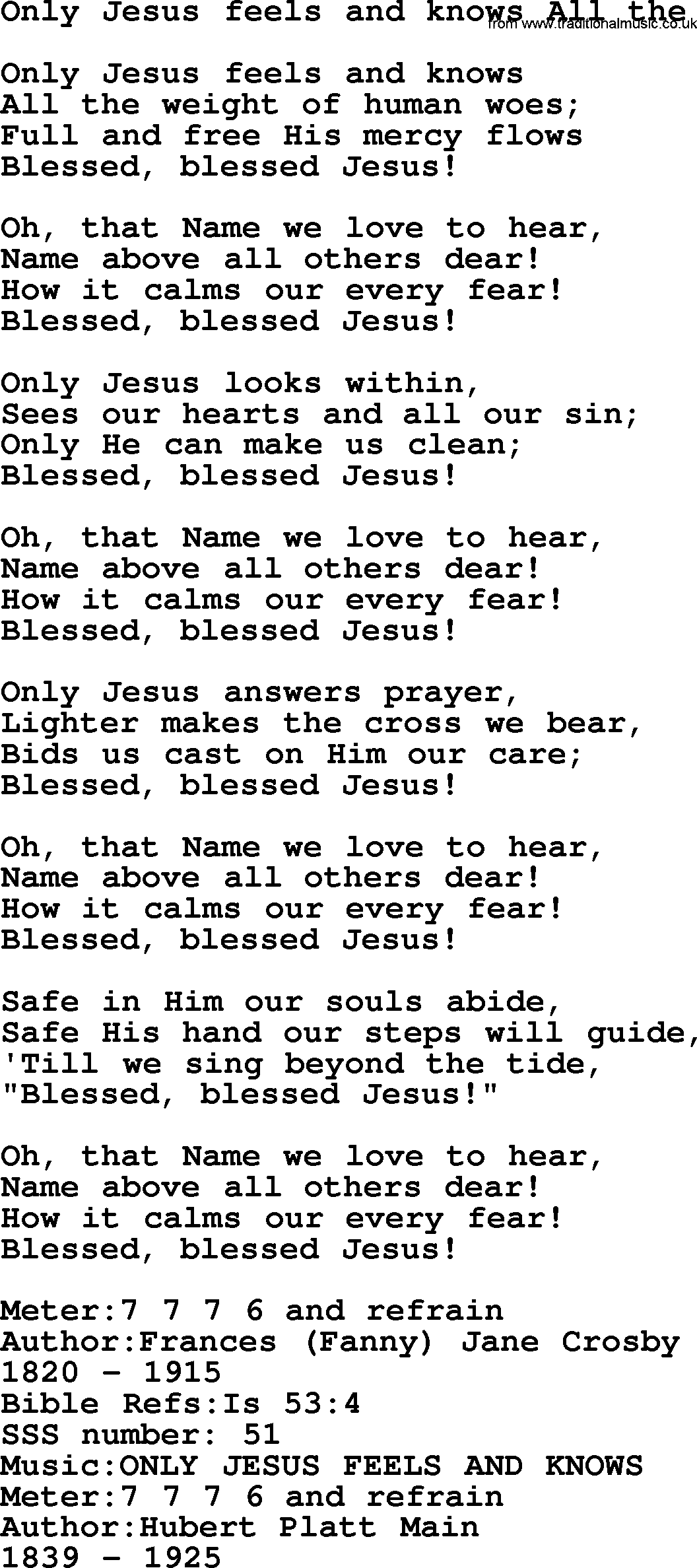 Sacred Songs and Solos complete, 1200 Hymns, title: Only Jesus Feels And Knows All The, lyrics and PDF