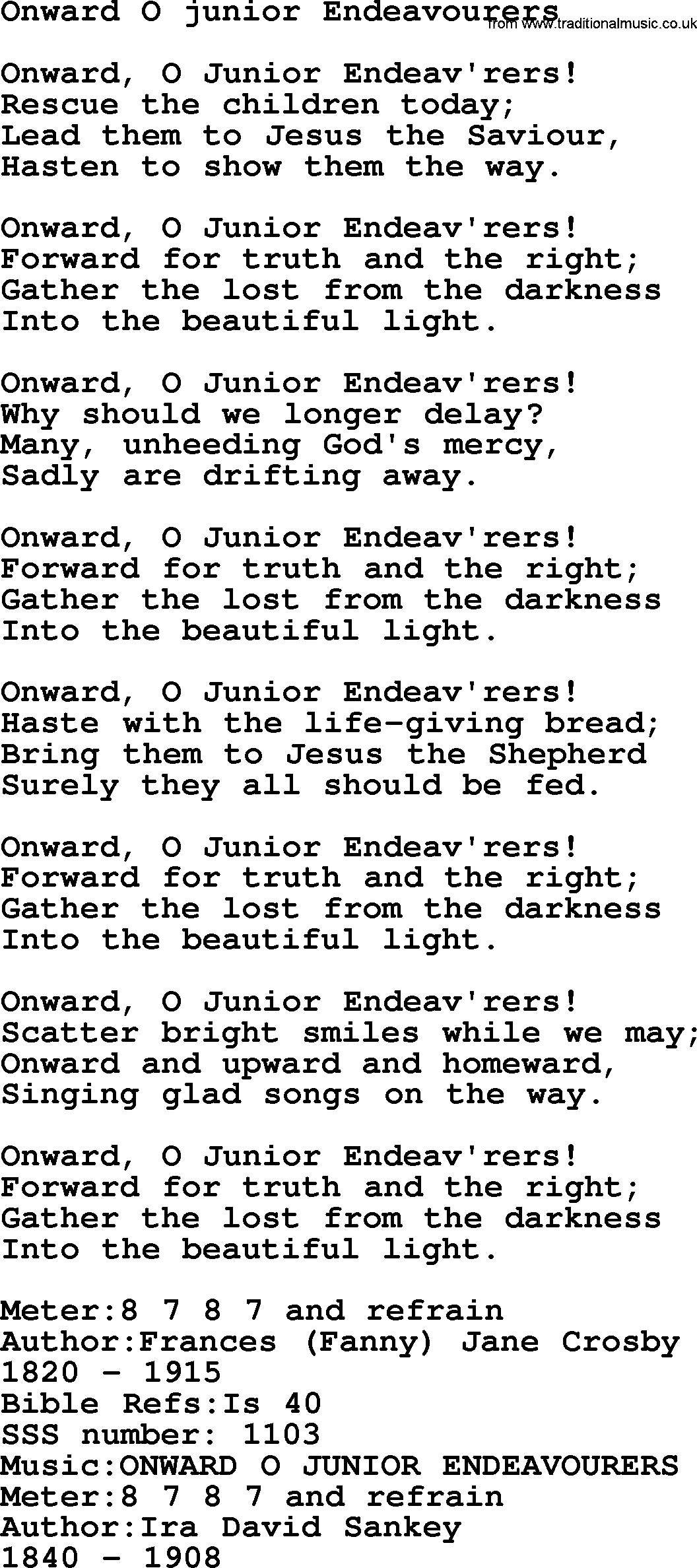 Sacred Songs and Solos complete, 1200 Hymns, title: Onward O Junior Endeavourers, lyrics and PDF