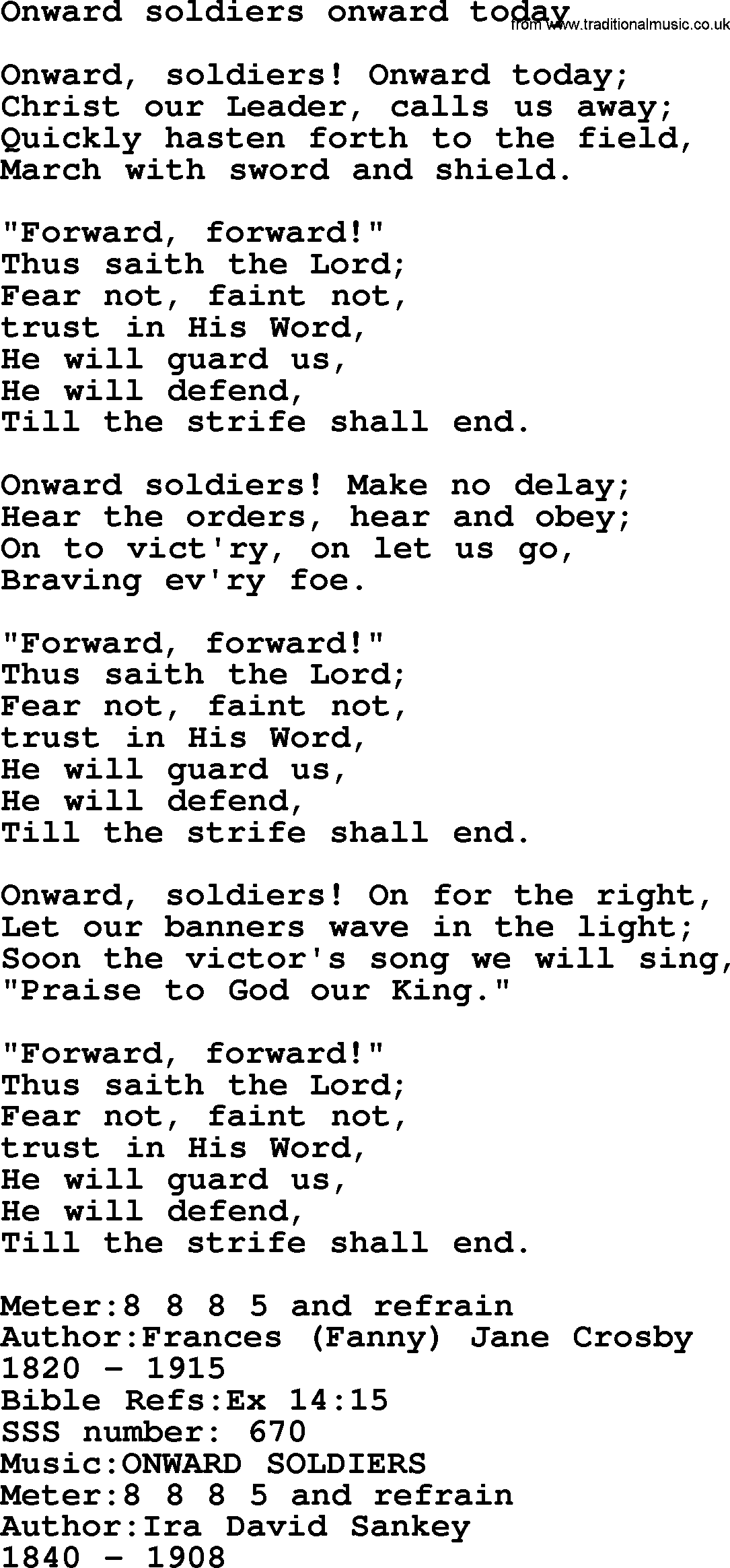 Sacred Songs and Solos complete, 1200 Hymns, title: Onward Soldiers Onward Today, lyrics and PDF
