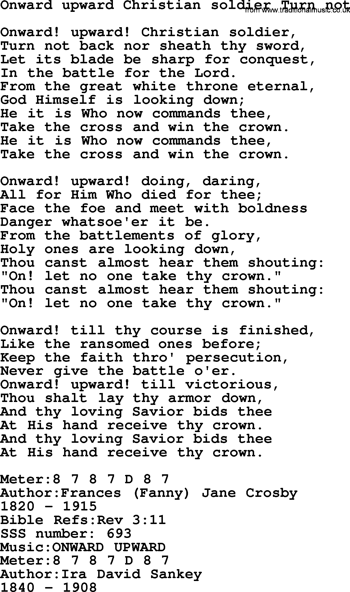 Sacred Songs and Solos complete, 1200 Hymns, title: Onward Upward Christian Soldier Turn Not, lyrics and PDF