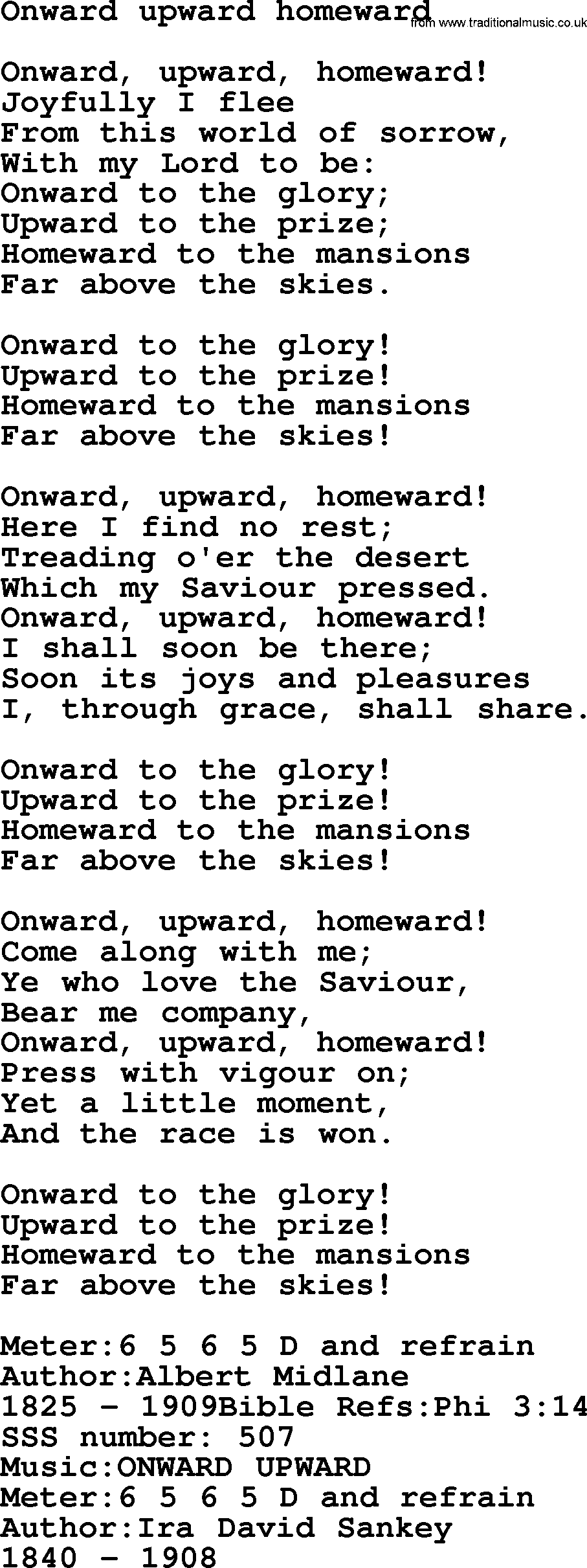 Sacred Songs and Solos complete, 1200 Hymns, title: Onward Upward Homeward, lyrics and PDF