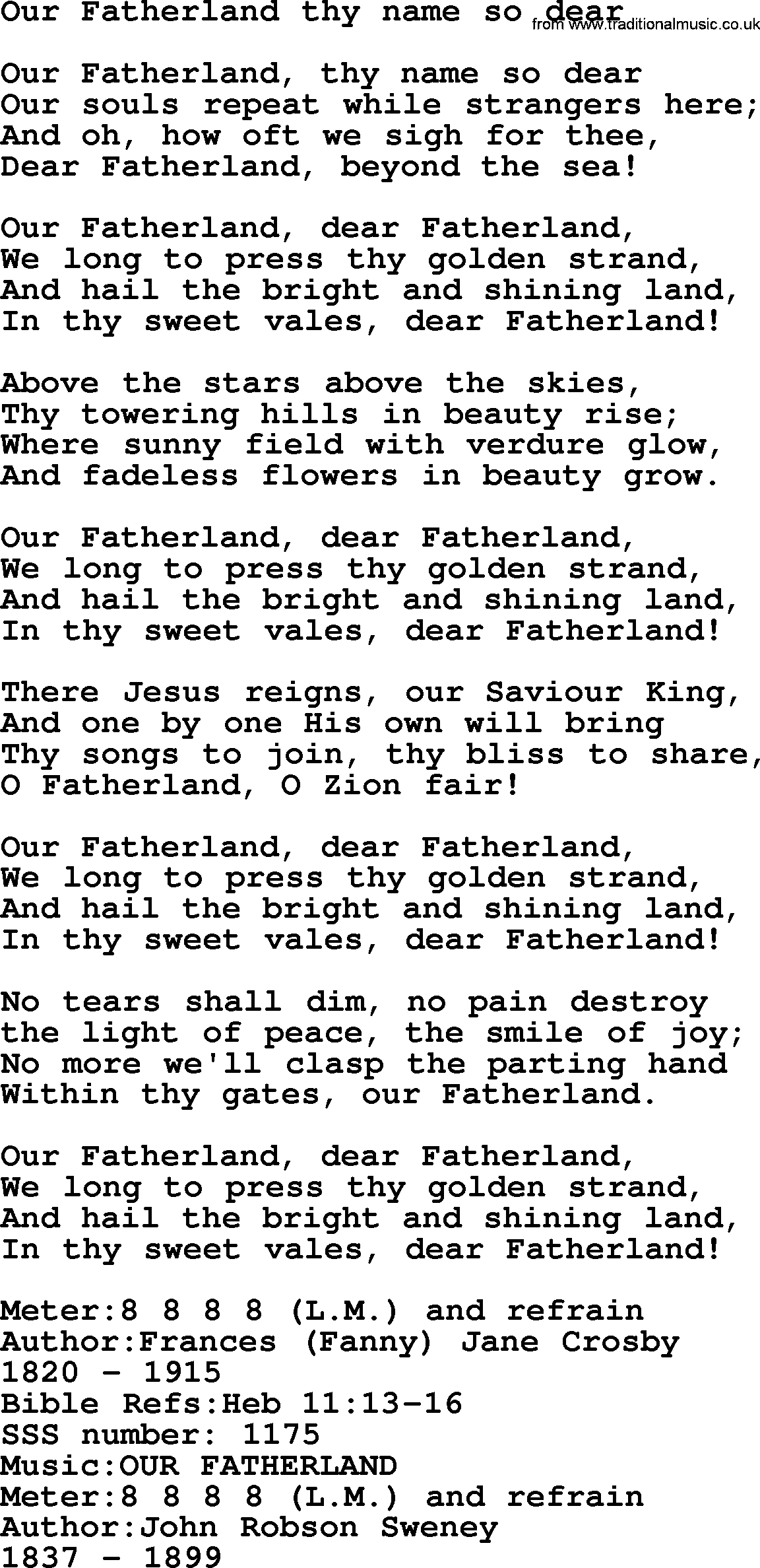 Sacred Songs and Solos complete, 1200 Hymns, title: Our Fatherland Thy Name So Dear, lyrics and PDF