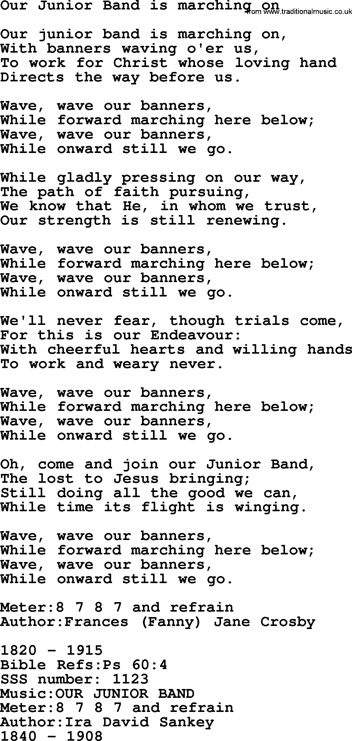Sacred Songs and Solos complete, 1200 Hymns, title: Our Junior Band Is Marching On, lyrics and PDF