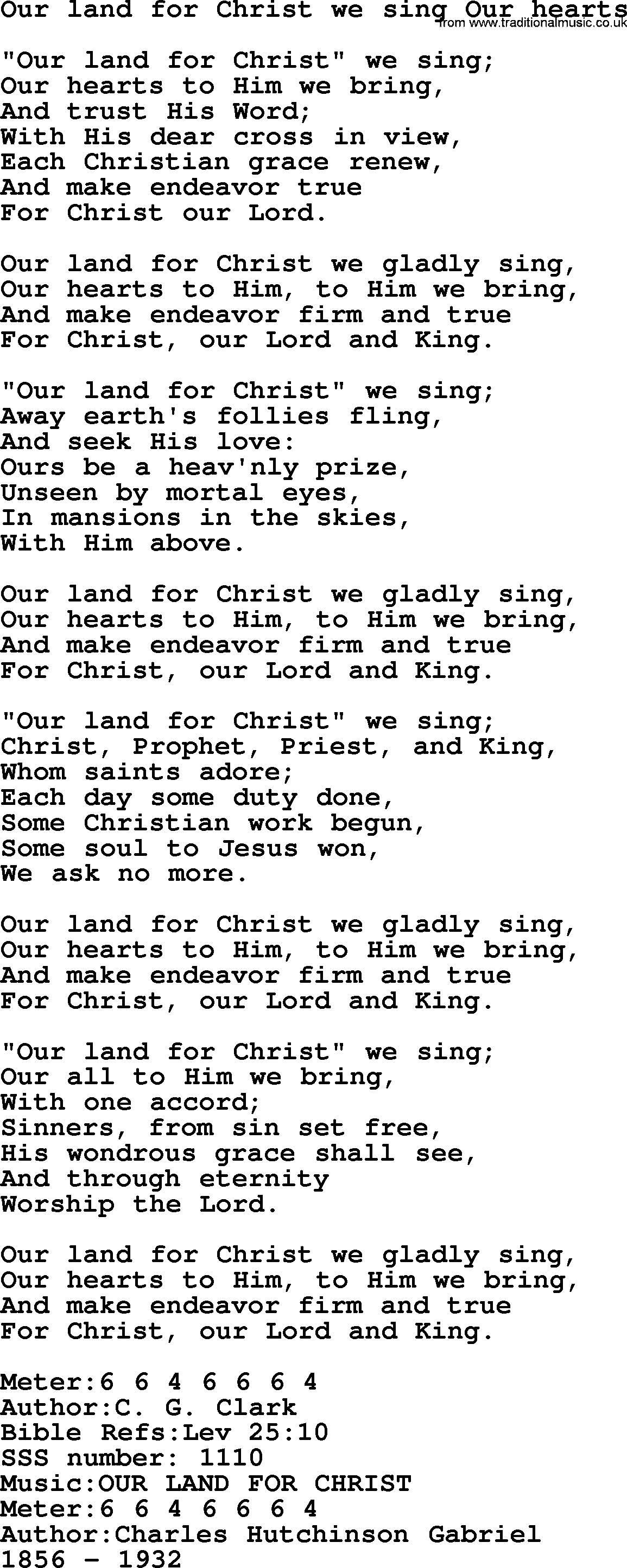 Sacred Songs and Solos complete, 1200 Hymns, title: Our Land For Christ We Sing Our Hearts, lyrics and PDF