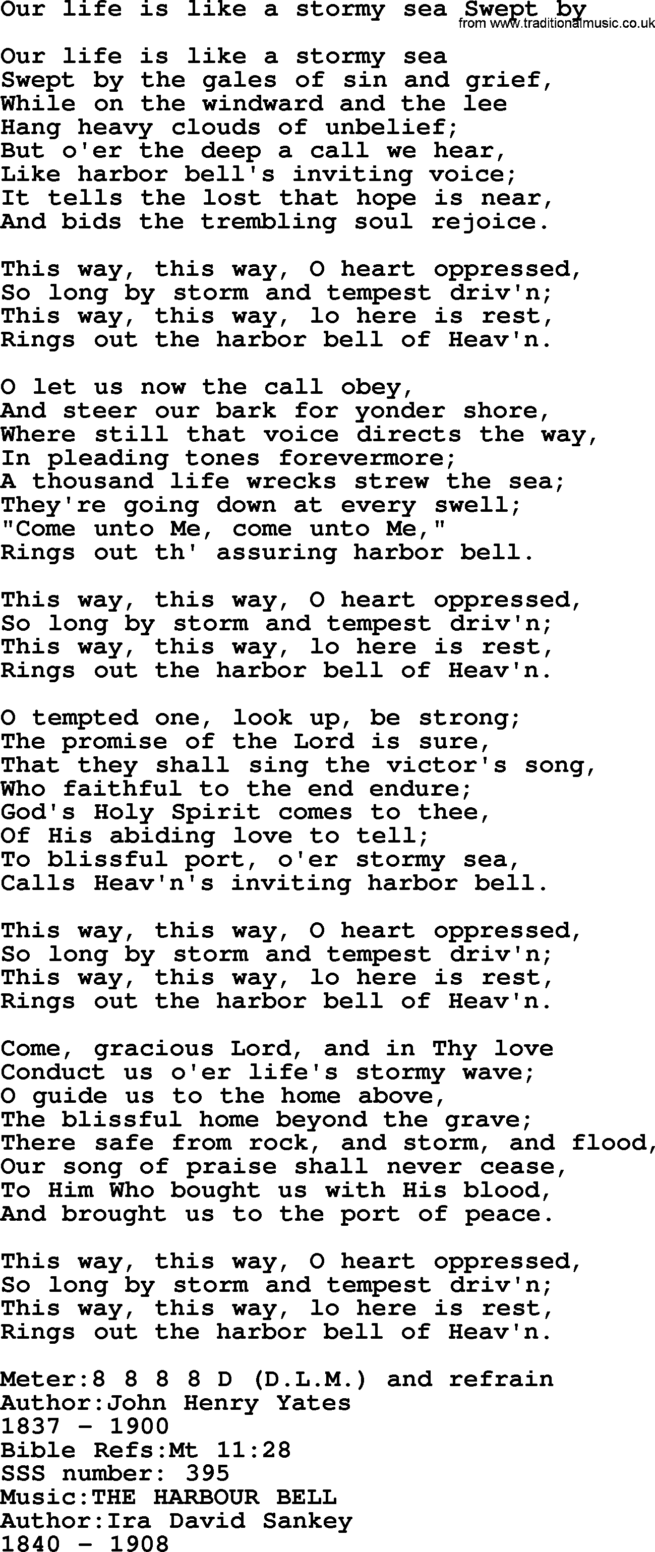Sacred Songs and Solos complete, 1200 Hymns, title: Our Life Is Like A Stormy Sea Swept By, lyrics and PDF