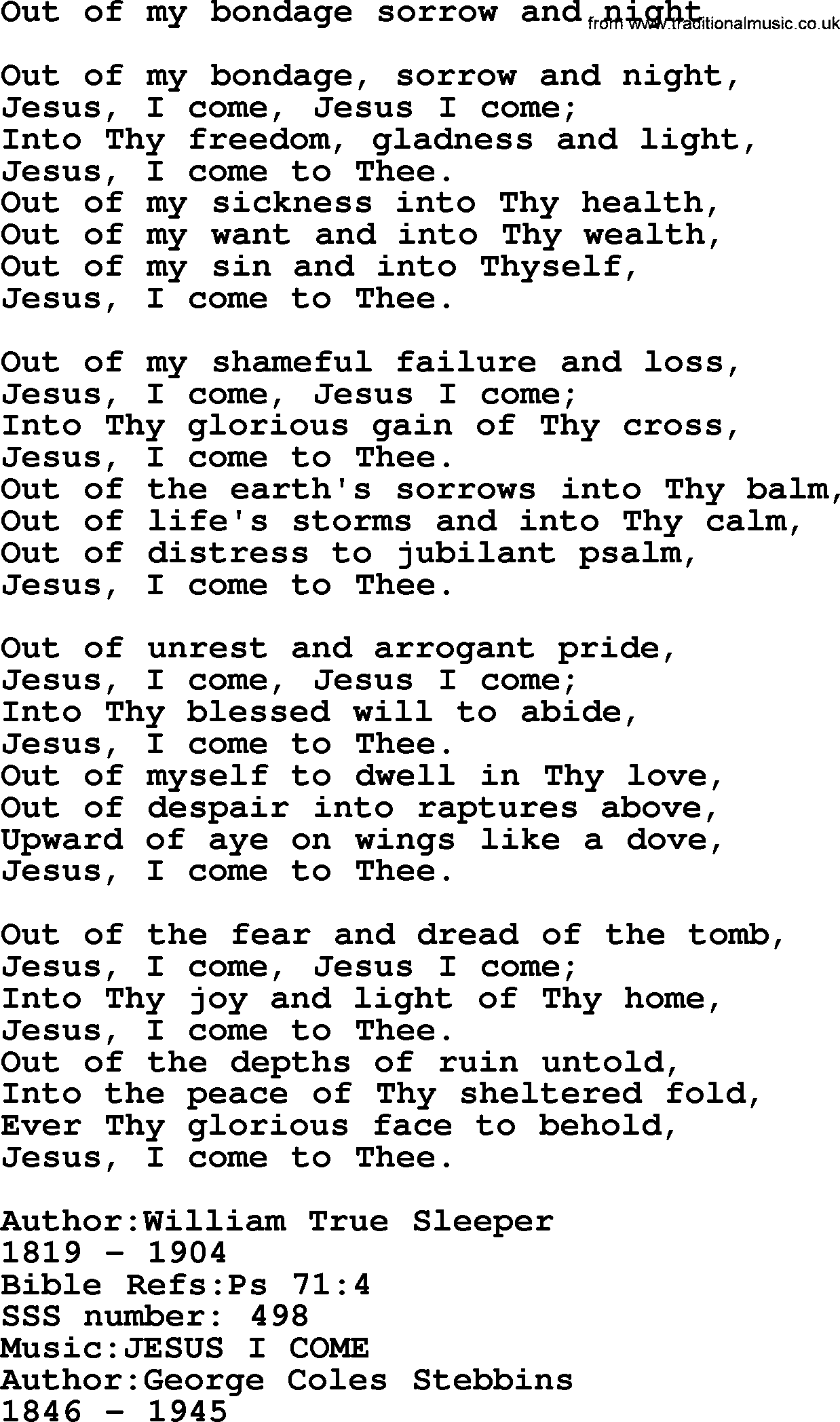 Sacred Songs and Solos complete, 1200 Hymns, title: Out Of My Bondage Sorrow And Night, lyrics and PDF