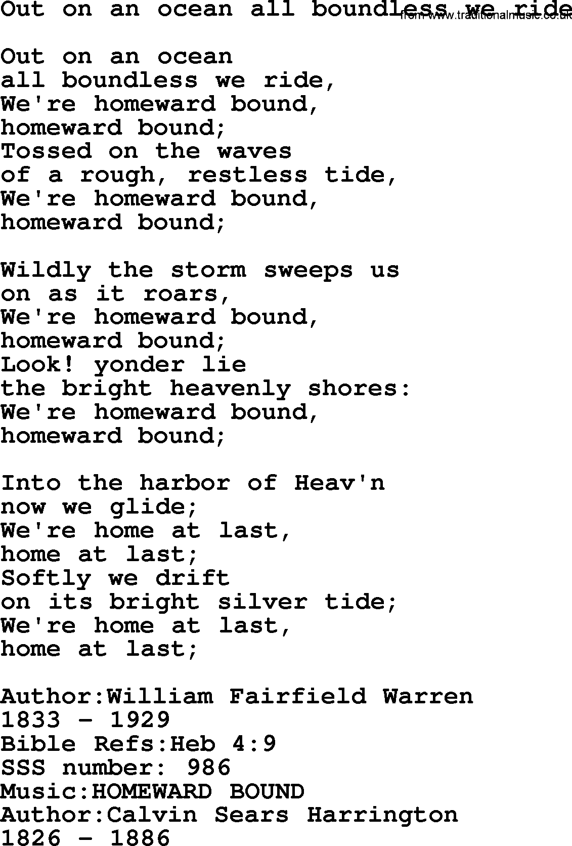 Sacred Songs and Solos complete, 1200 Hymns, title: Out On An Ocean All Boundless We Ride, lyrics and PDF