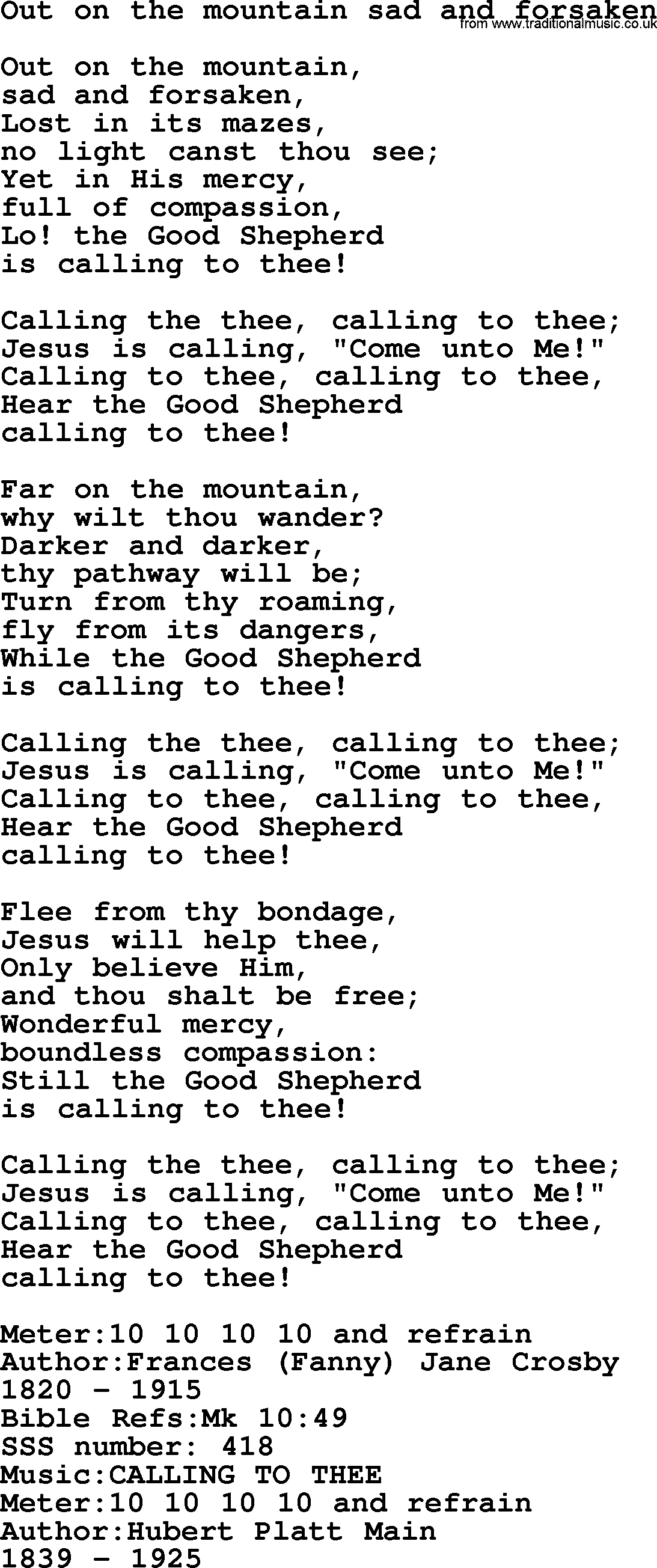 Sacred Songs and Solos complete, 1200 Hymns, title: Out On The Mountain Sad And Forsaken, lyrics and PDF