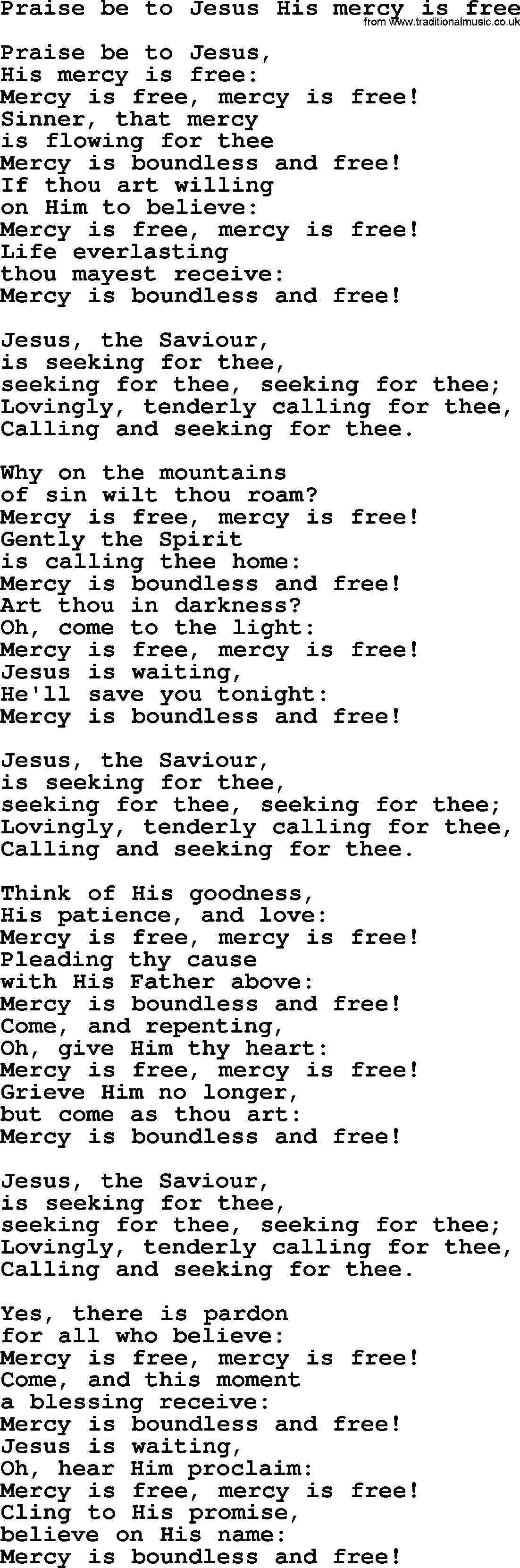 Sacred Songs and Solos complete, 1200 Hymns, title: Praise Be To Jesus His Mercy Is Free, lyrics and PDF