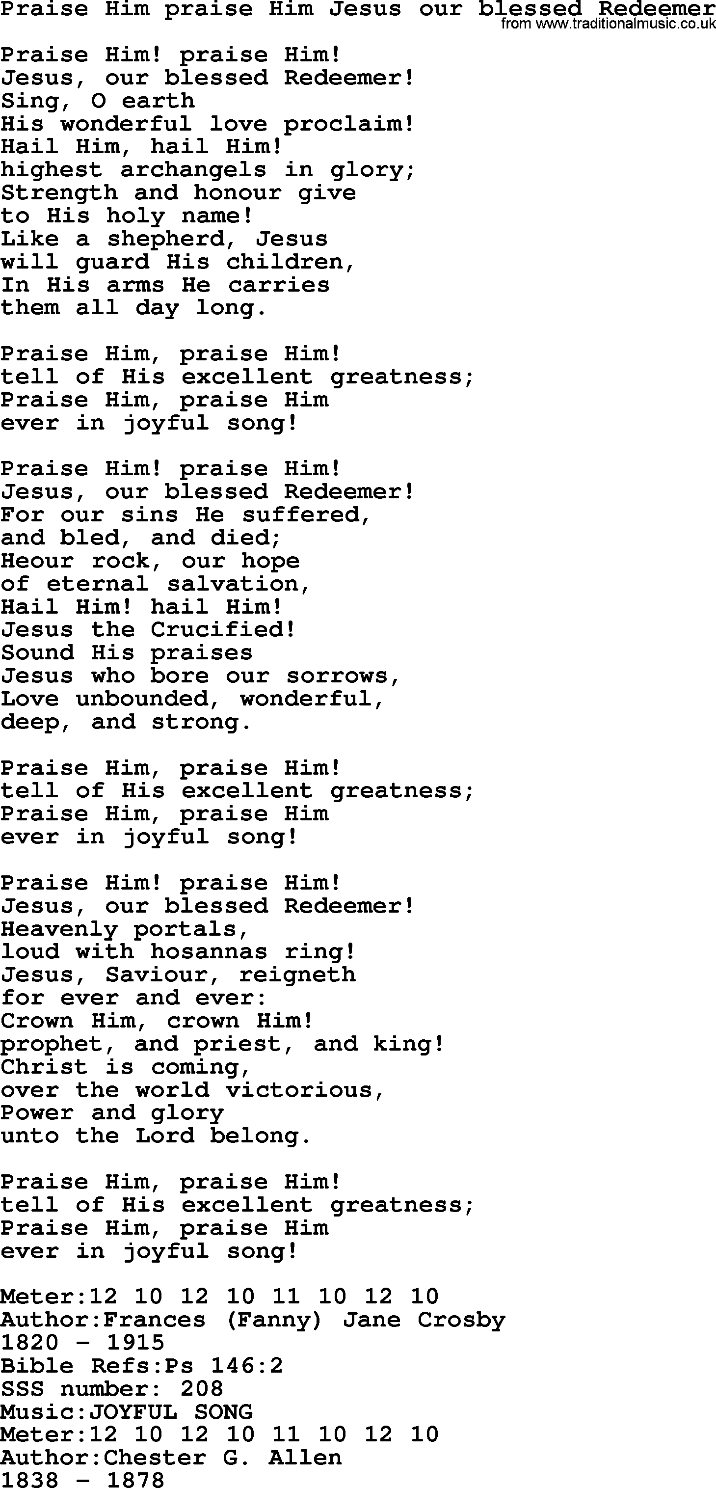Sacred Songs and Solos complete, 1200 Hymns, title: Praise Him Praise Him Jesus Our Blessed Redeemer, lyrics and PDF
