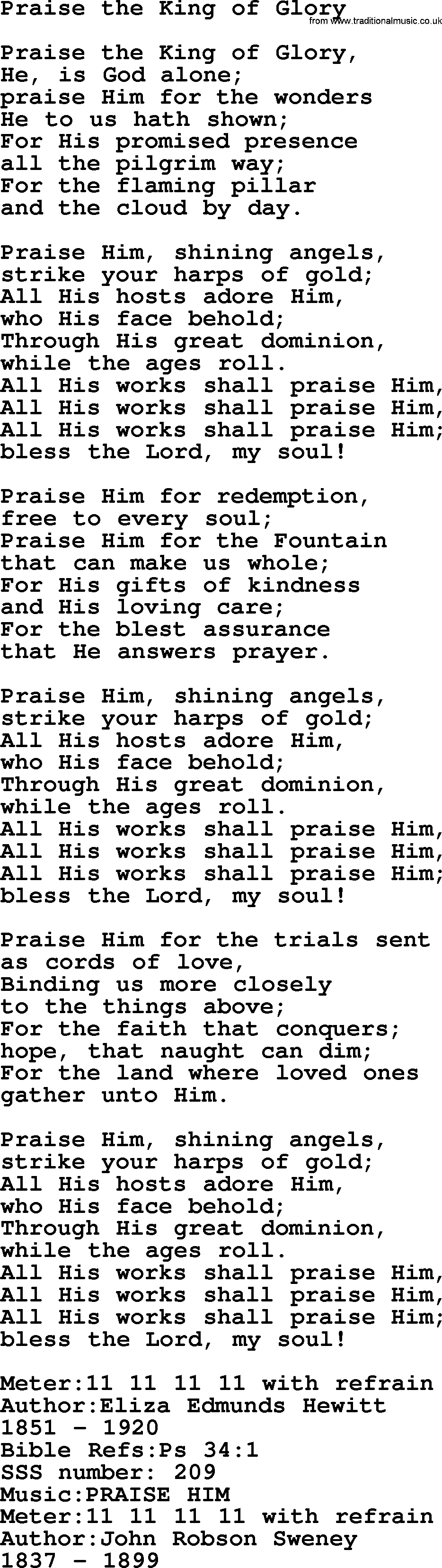 Sacred Songs and Solos complete, 1200 Hymns, title: Praise The King Of Glory, lyrics and PDF
