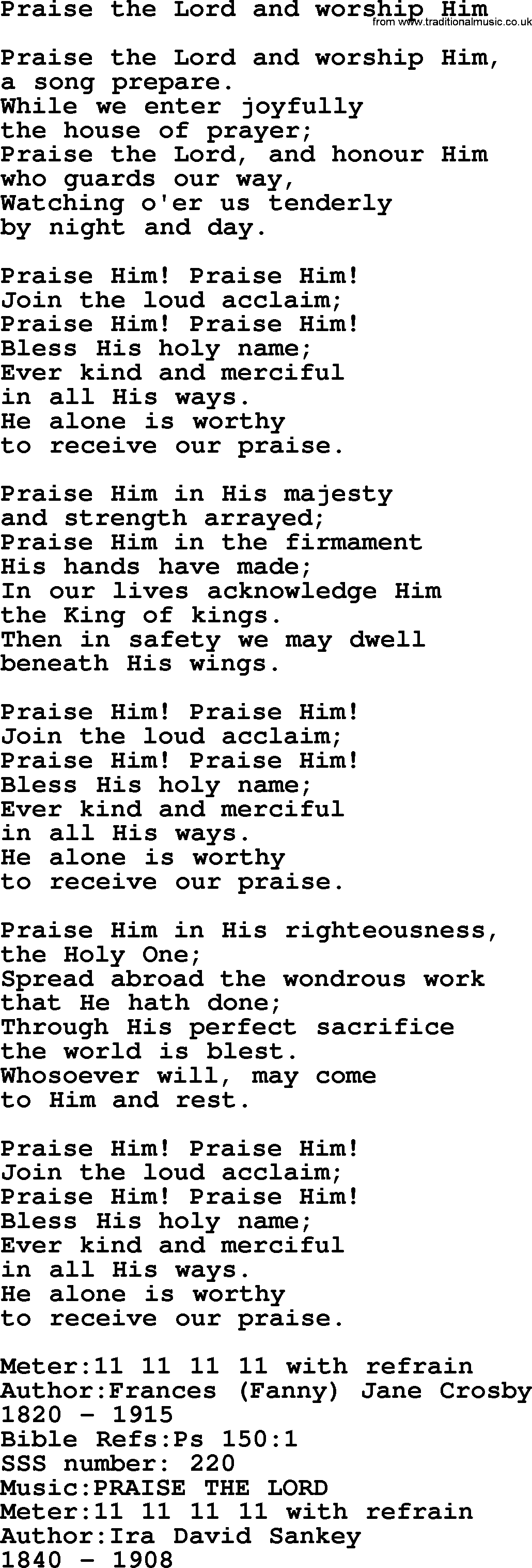Sacred Songs and Solos complete, 1200 Hymns, title: Praise The Lord And Worship Him, lyrics and PDF