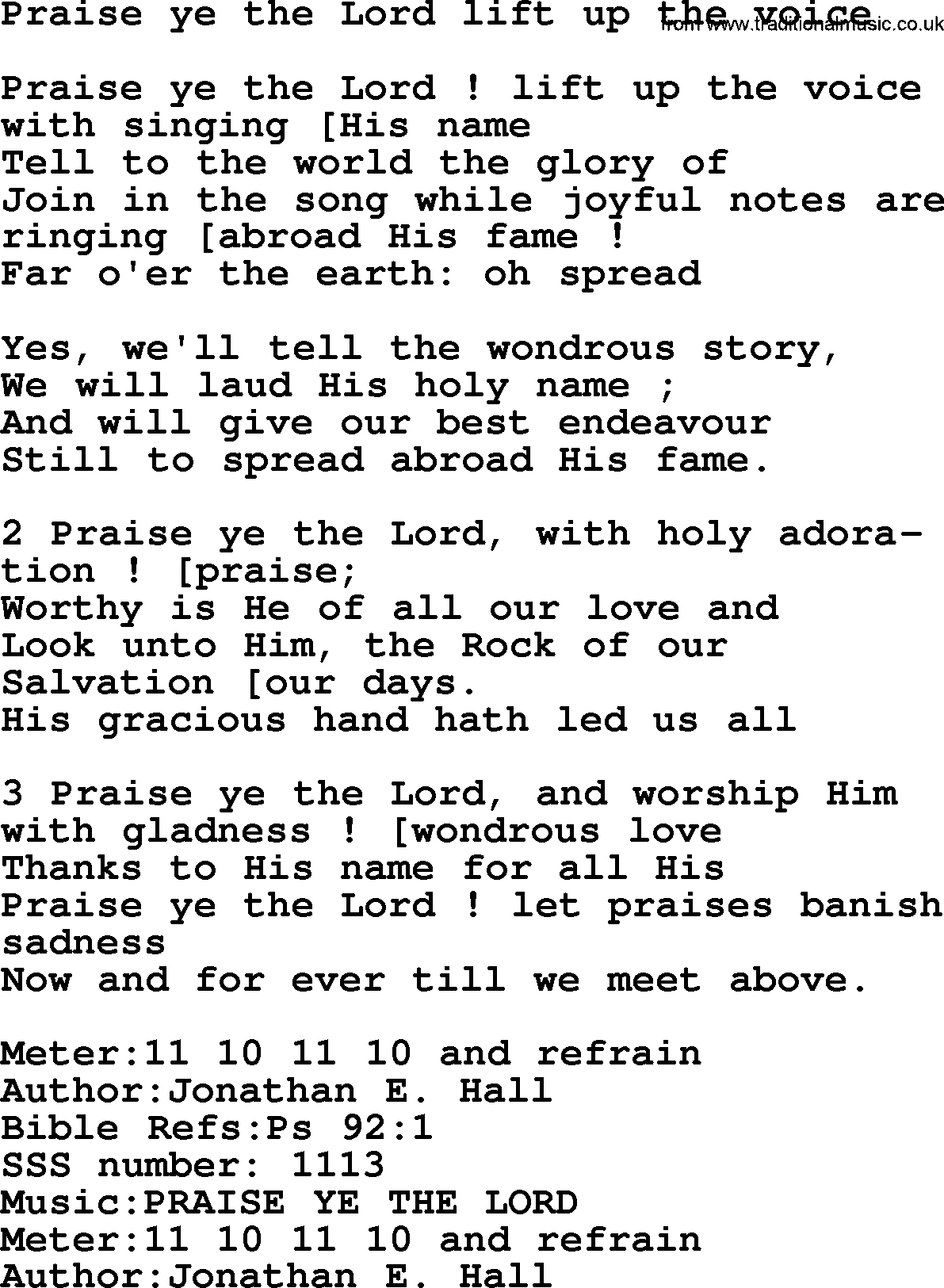 Sacred Songs and Solos complete, 1200 Hymns, title: Praise Ye The Lord Lift Up The Voice, lyrics and PDF