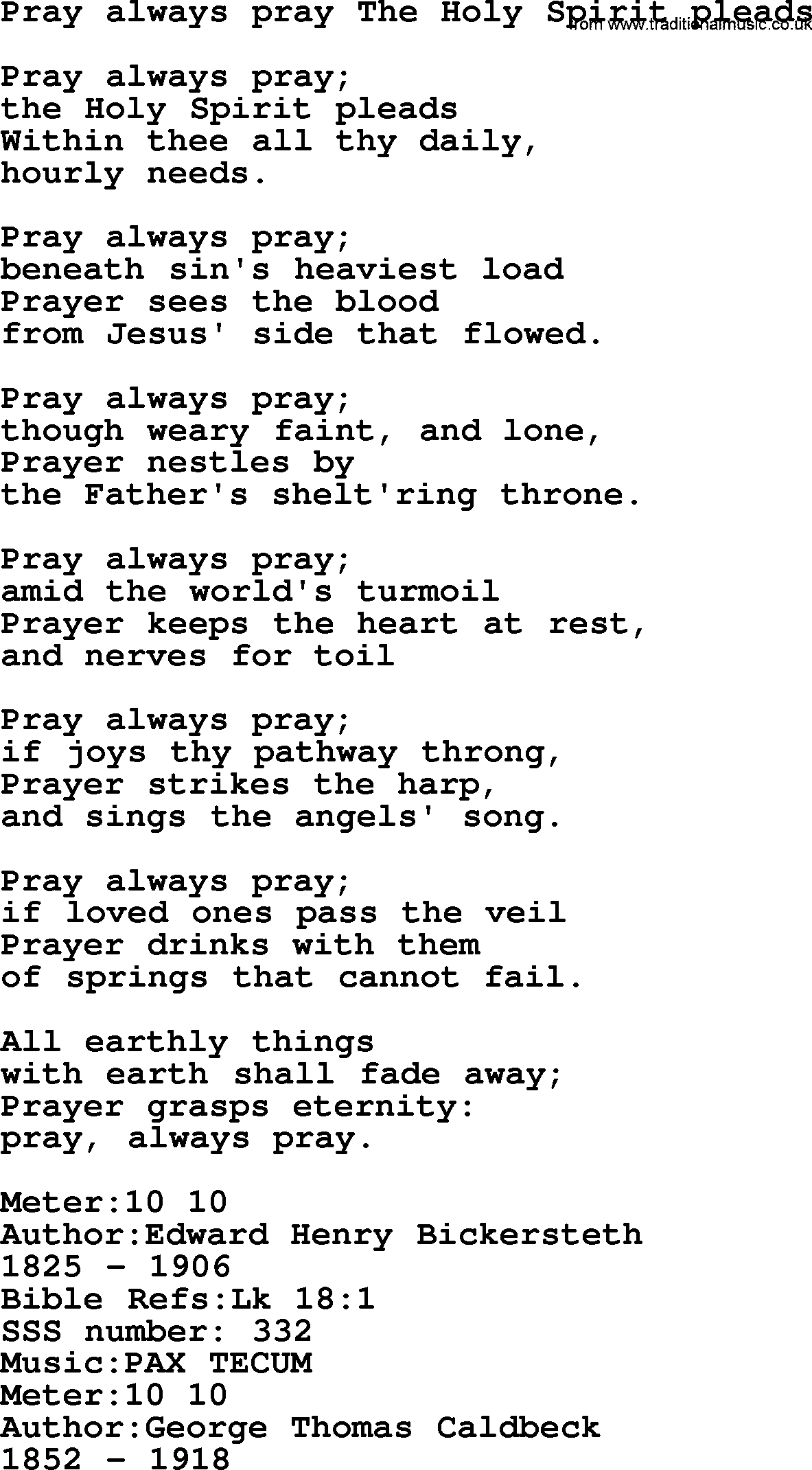 Sacred Songs and Solos complete, 1200 Hymns, title: Pray Always Pray The Holy Spirit Pleads, lyrics and PDF
