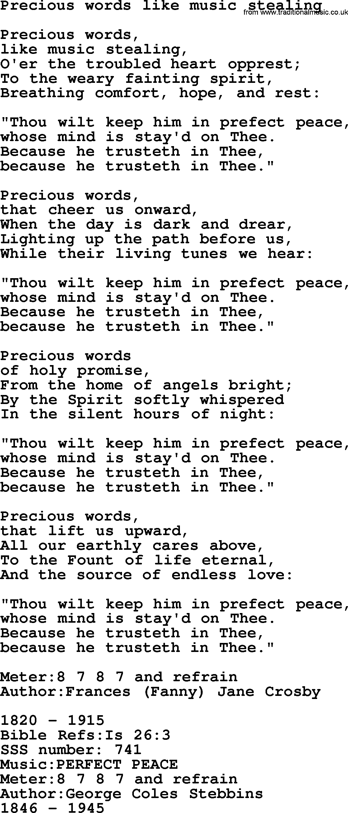Sacred Songs and Solos complete, 1200 Hymns, title: Precious Words Like Music Stealing, lyrics and PDF