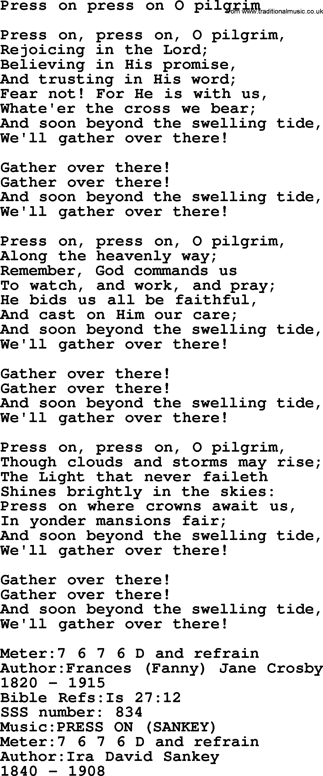Sacred Songs and Solos complete, 1200 Hymns, title: Press On Press On O Pilgrim, lyrics and PDF