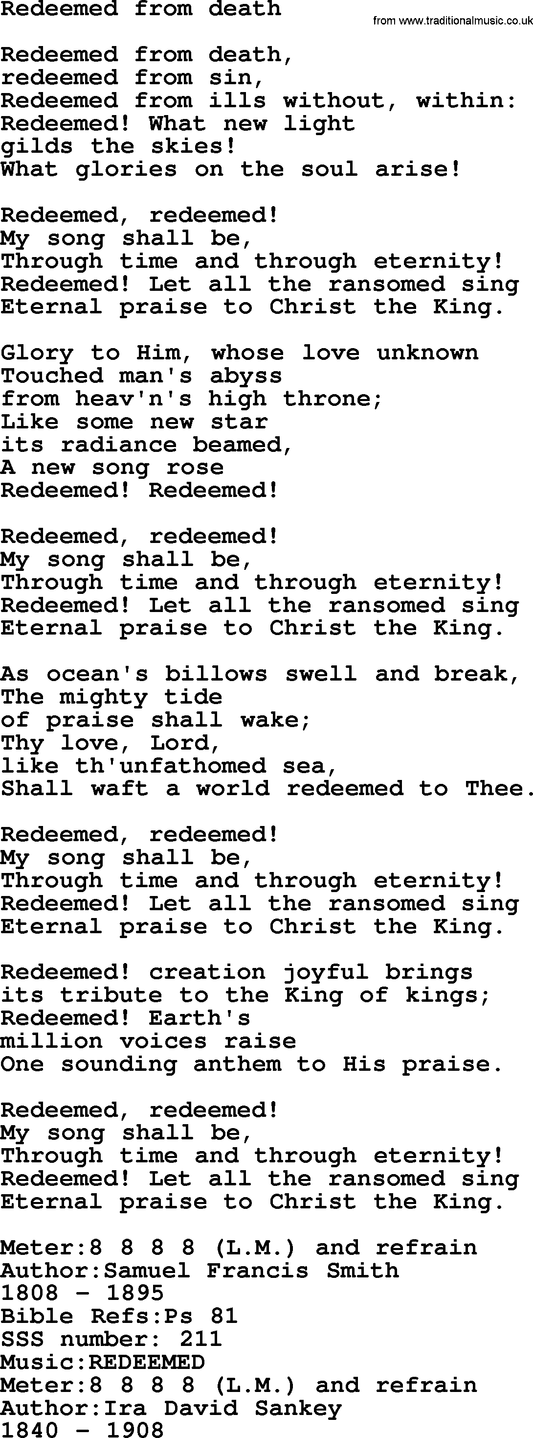 Sacred Songs and Solos complete, 1200 Hymns, title: Redeemed From Death, lyrics and PDF