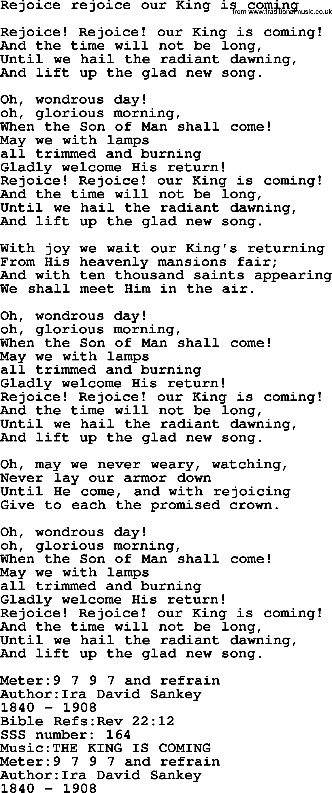 Sacred Songs and Solos complete, 1200 Hymns, title: Rejoice Rejoice Our King Is Coming, lyrics and PDF