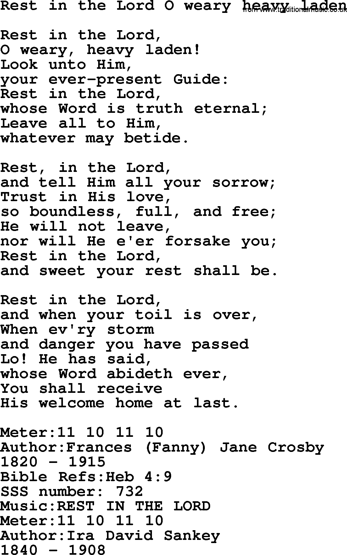 Sacred Songs and Solos complete, 1200 Hymns, title: Rest In The Lord O Weary Heavy Laden, lyrics and PDF