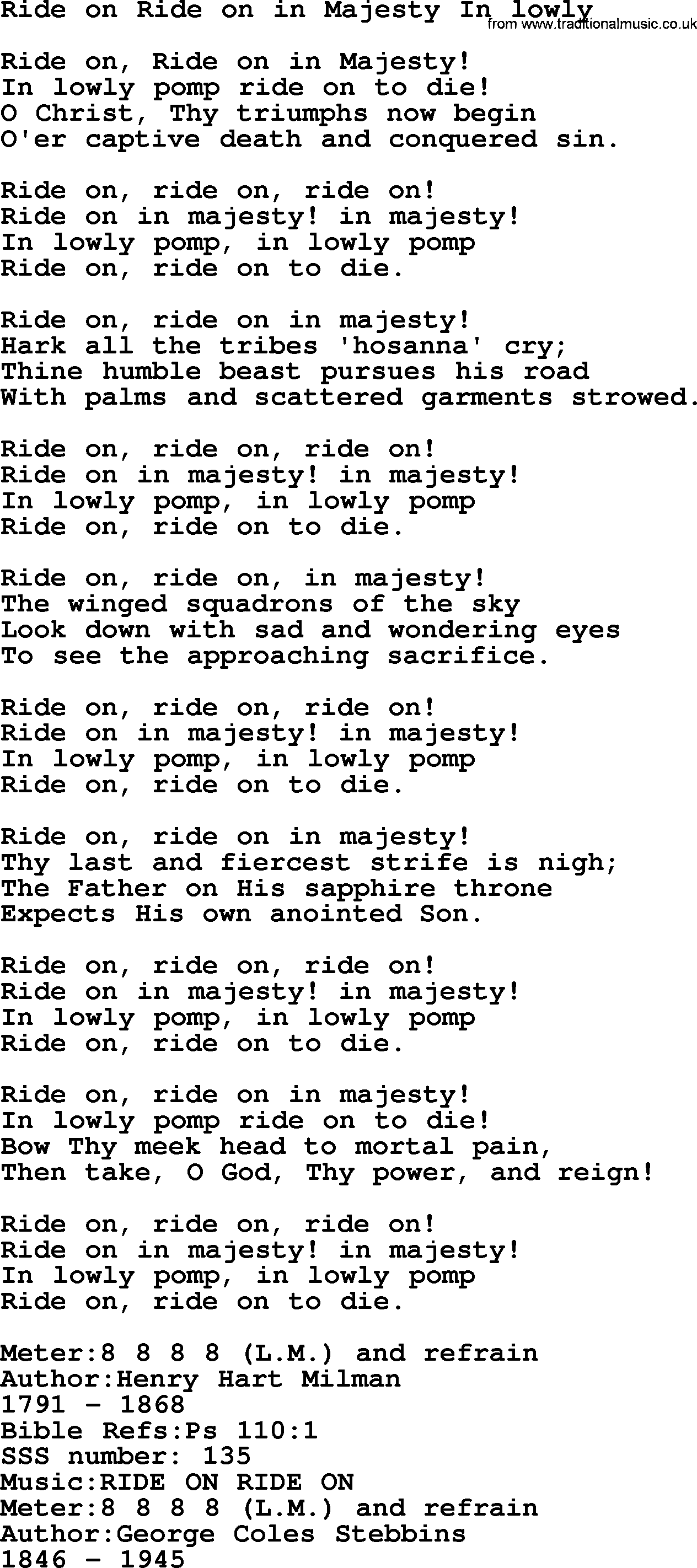 Sacred Songs and Solos complete, 1200 Hymns, title: Ride On Ride On In Majesty In Lowly, lyrics and PDF