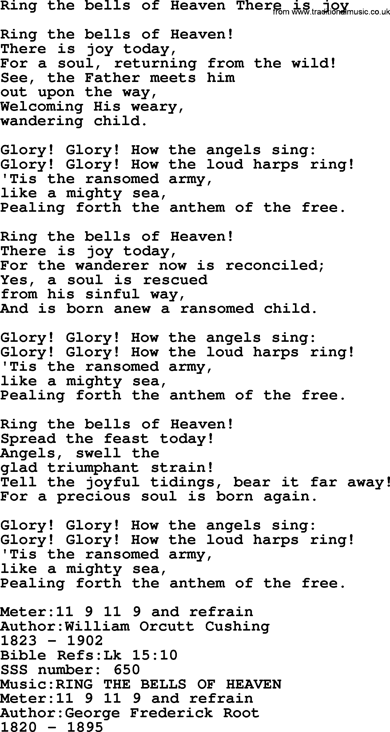 Sacred Songs and Solos complete, 1200 Hymns, title: Ring The Bells Of Heaven There Is Joy, lyrics and PDF