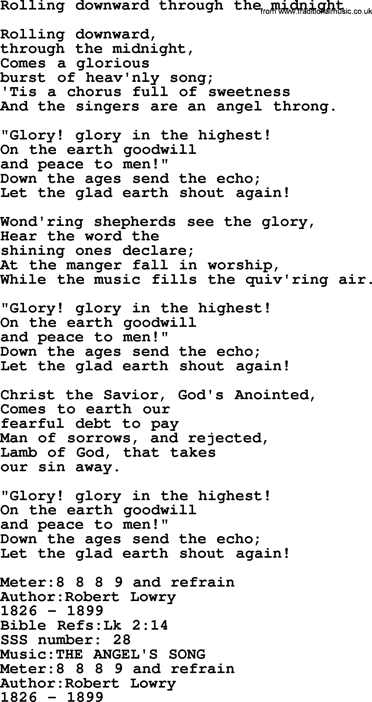 Sacred Songs and Solos complete, 1200 Hymns, title: Rolling Downward Through The Midnight, lyrics and PDF