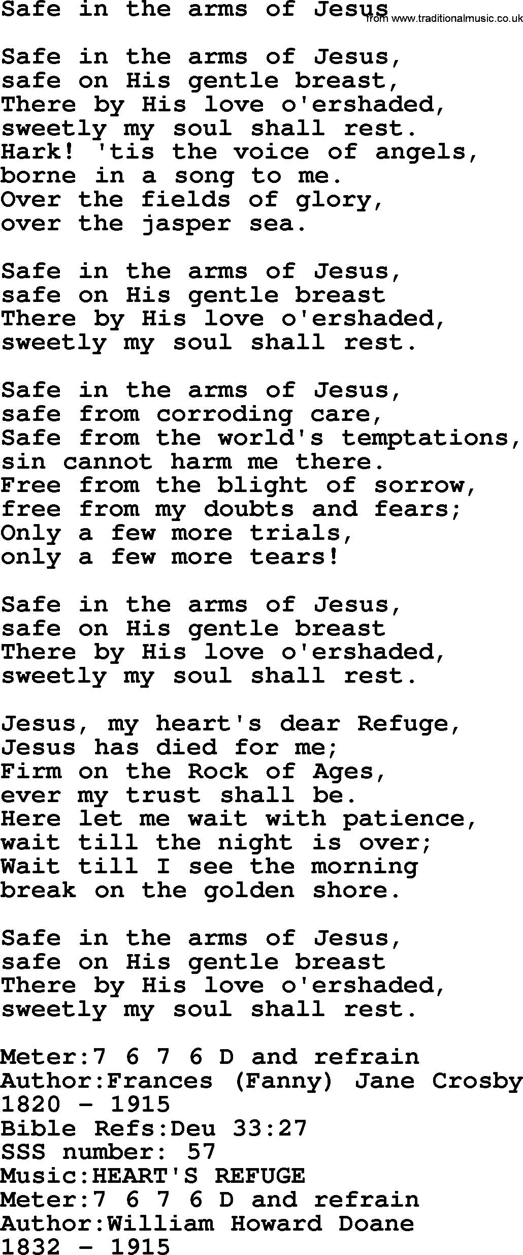 Sacred Songs and Solos complete, 1200 Hymns, title: Safe In The Arms Of Jesus, lyrics and PDF