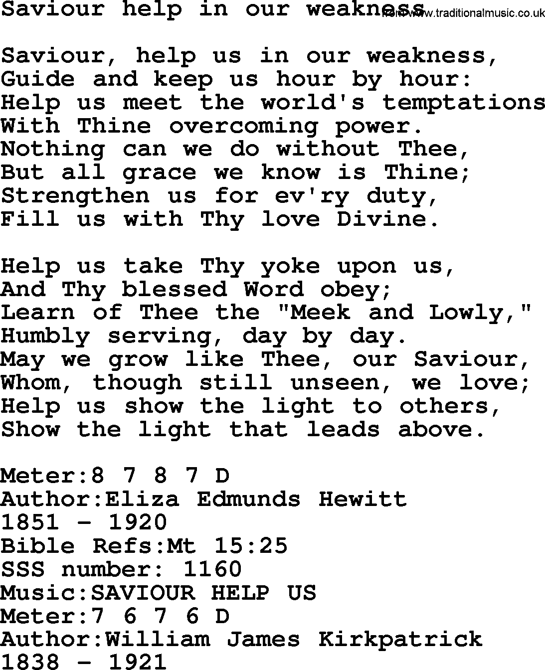 Sacred Songs and Solos complete, 1200 Hymns, title: Saviour Help In Our Weakness, lyrics and PDF