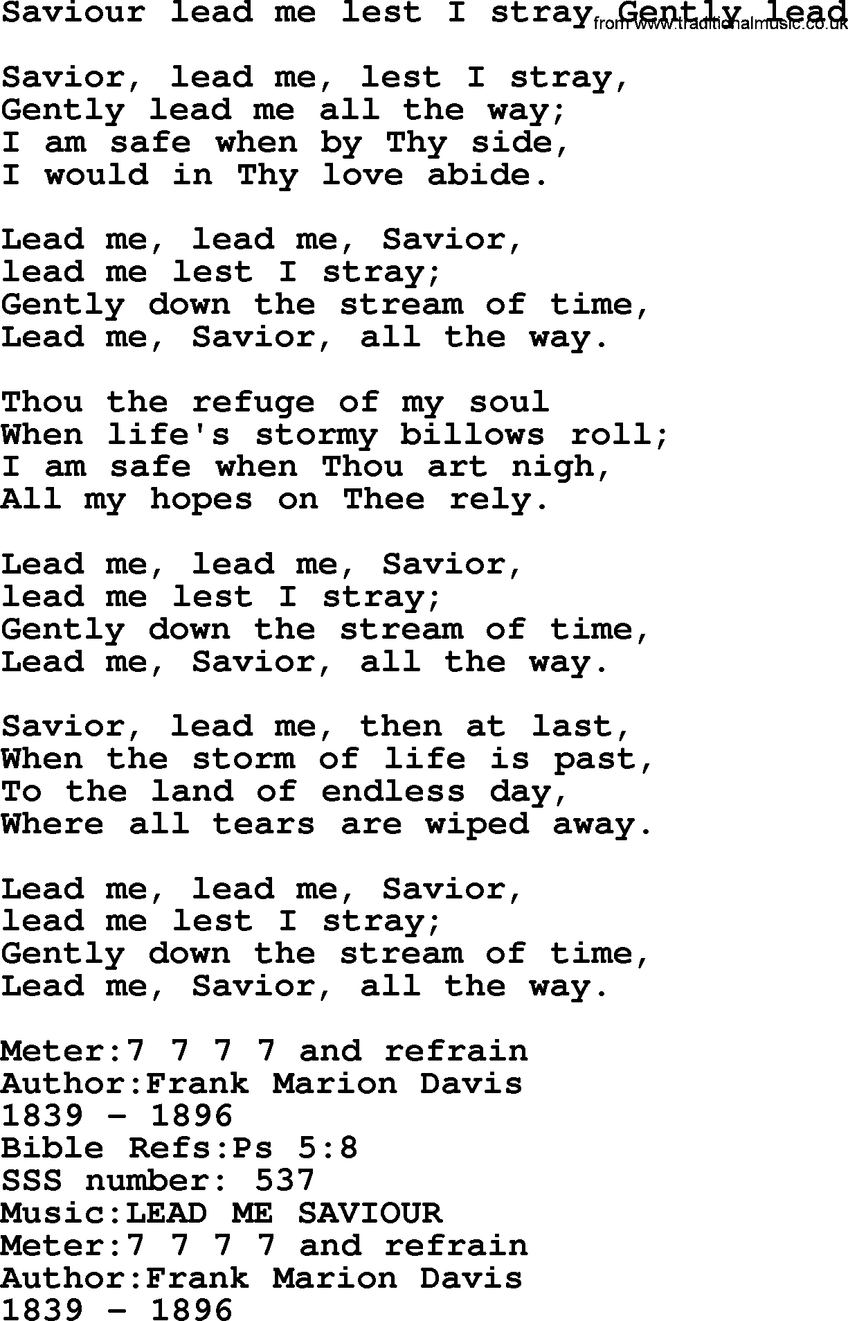 Sacred Songs and Solos complete, 1200 Hymns, title: Saviour Lead Me Lest I Stray Gently Lead, lyrics and PDF