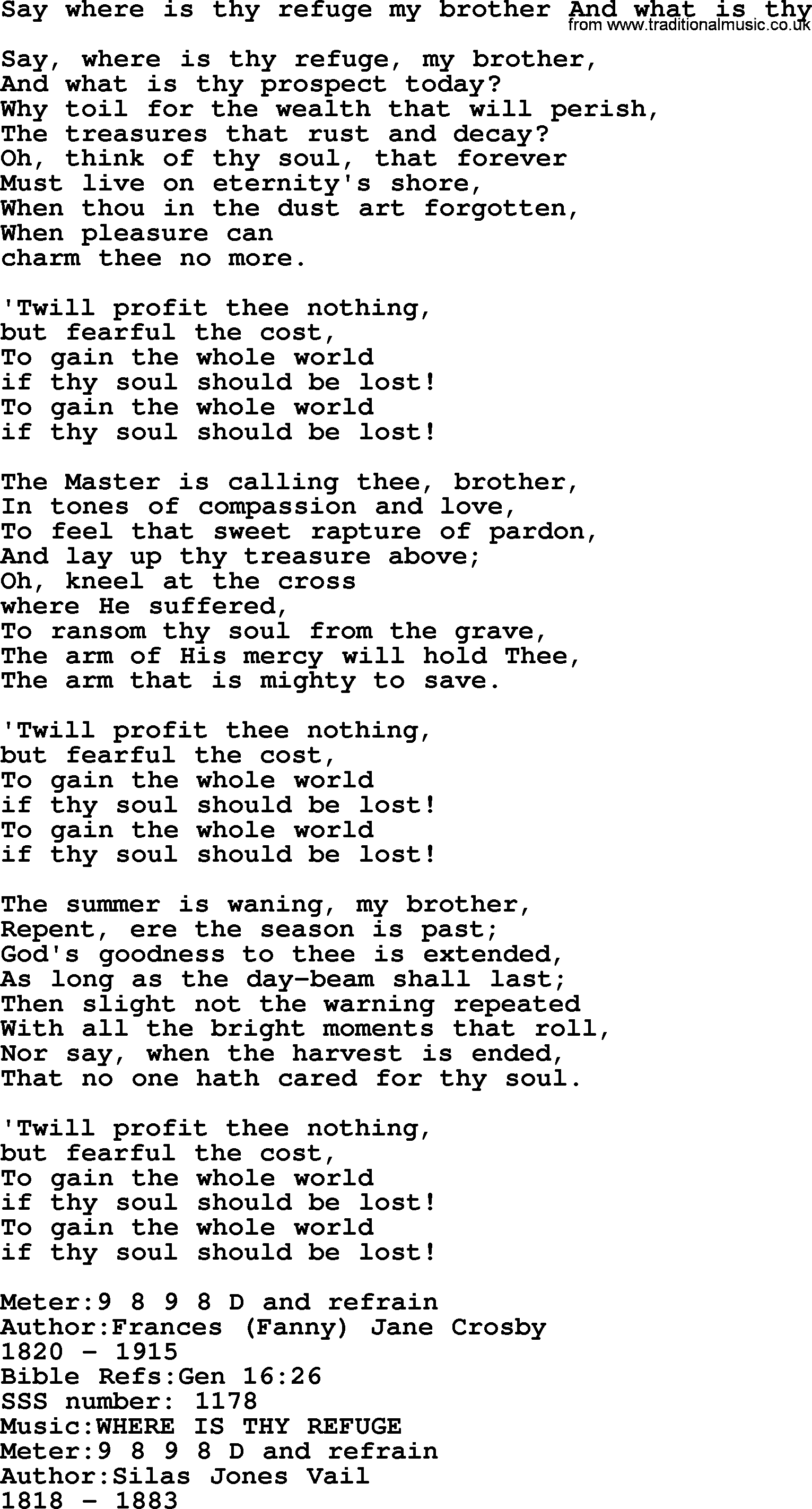 Sacred Songs and Solos complete, 1200 Hymns, title: Say Where Is Thy Refuge My Brother And What Is Thy, lyrics and PDF
