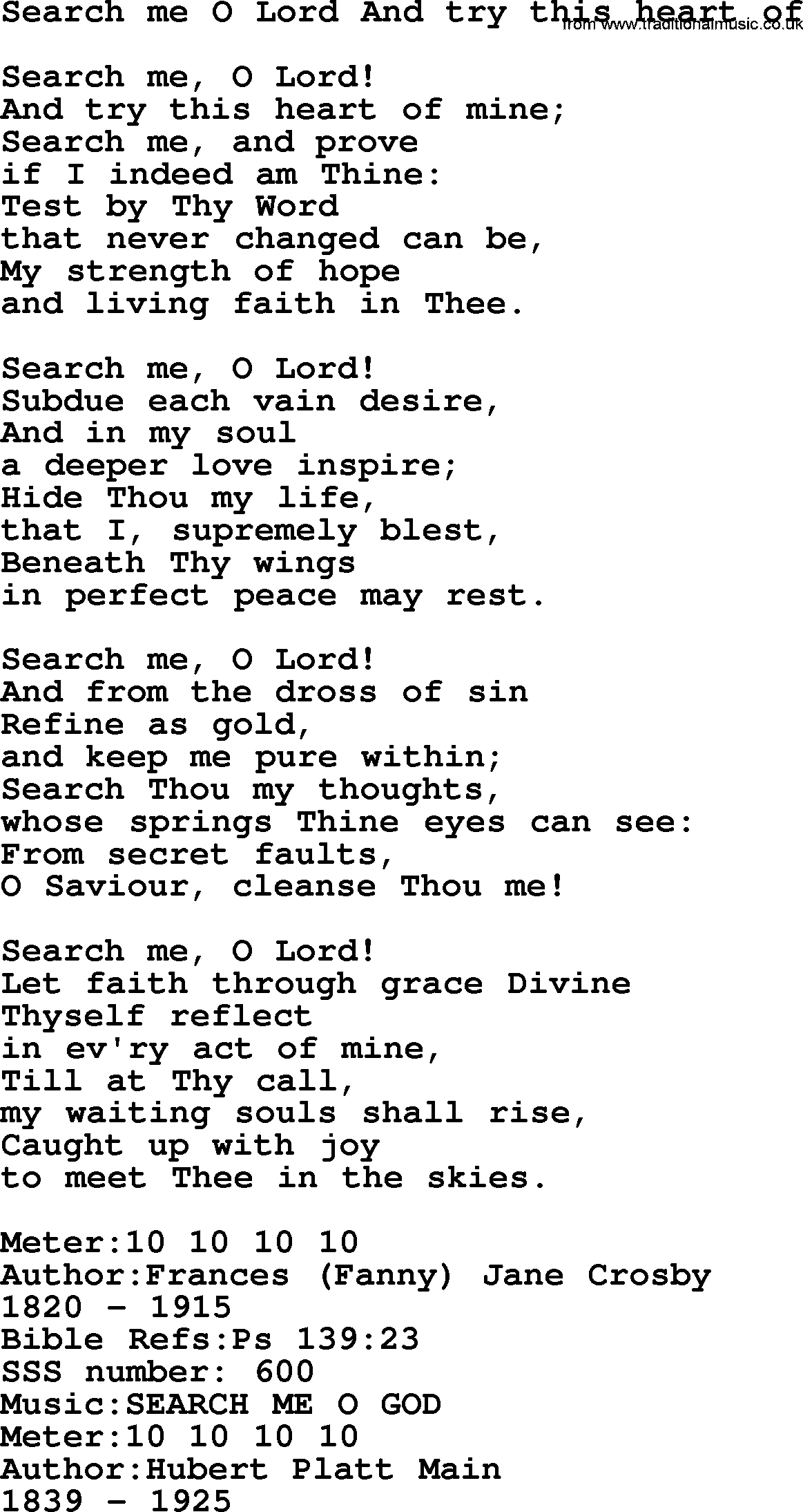 Sacred Songs and Solos complete, 1200 Hymns, title: Search Me O Lord And Try This Heart Of, lyrics and PDF