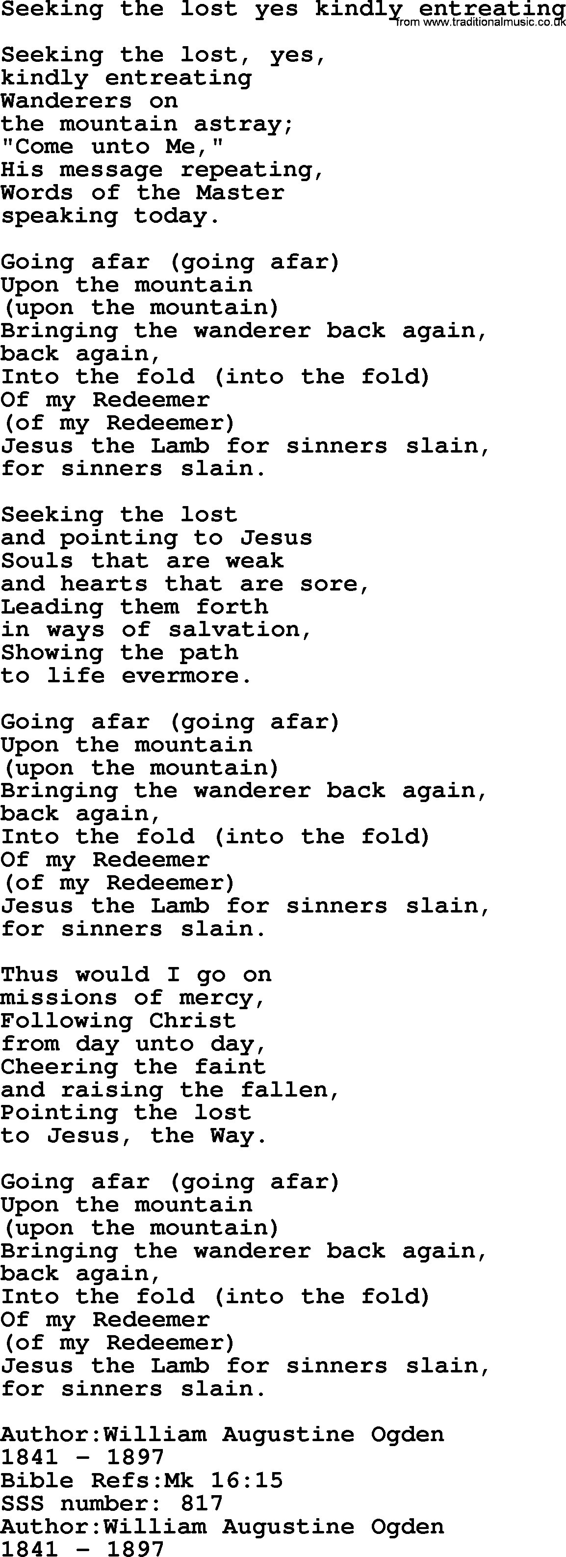 Sacred Songs and Solos complete, 1200 Hymns, title: Seeking The Lost Yes Kindly Entreating, lyrics and PDF