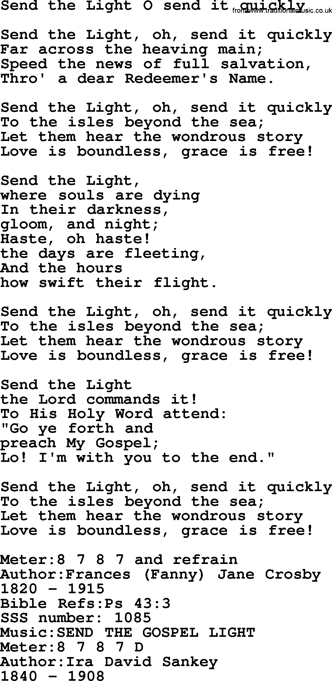 Sacred Songs and Solos complete, 1200 Hymns, title: Send The Light O Send It Quickly, lyrics and PDF